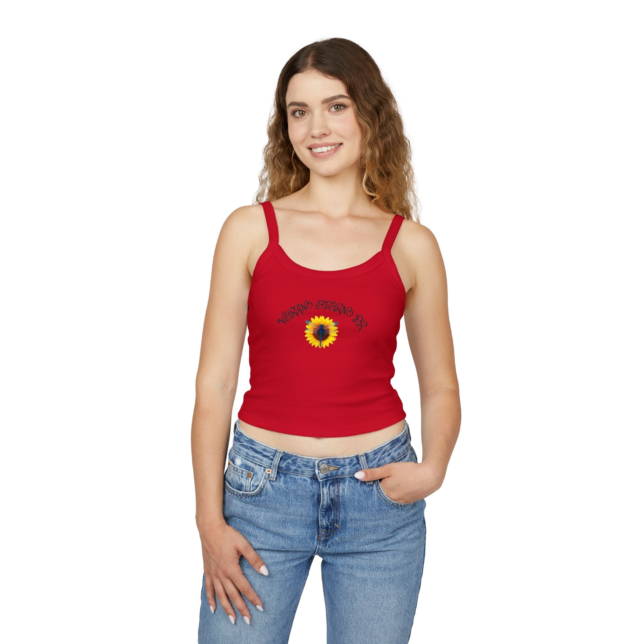 Verano Eterno Puerto Rico Women's Strap Crop Sunflower — Women’s Spaghetti Strap Crop