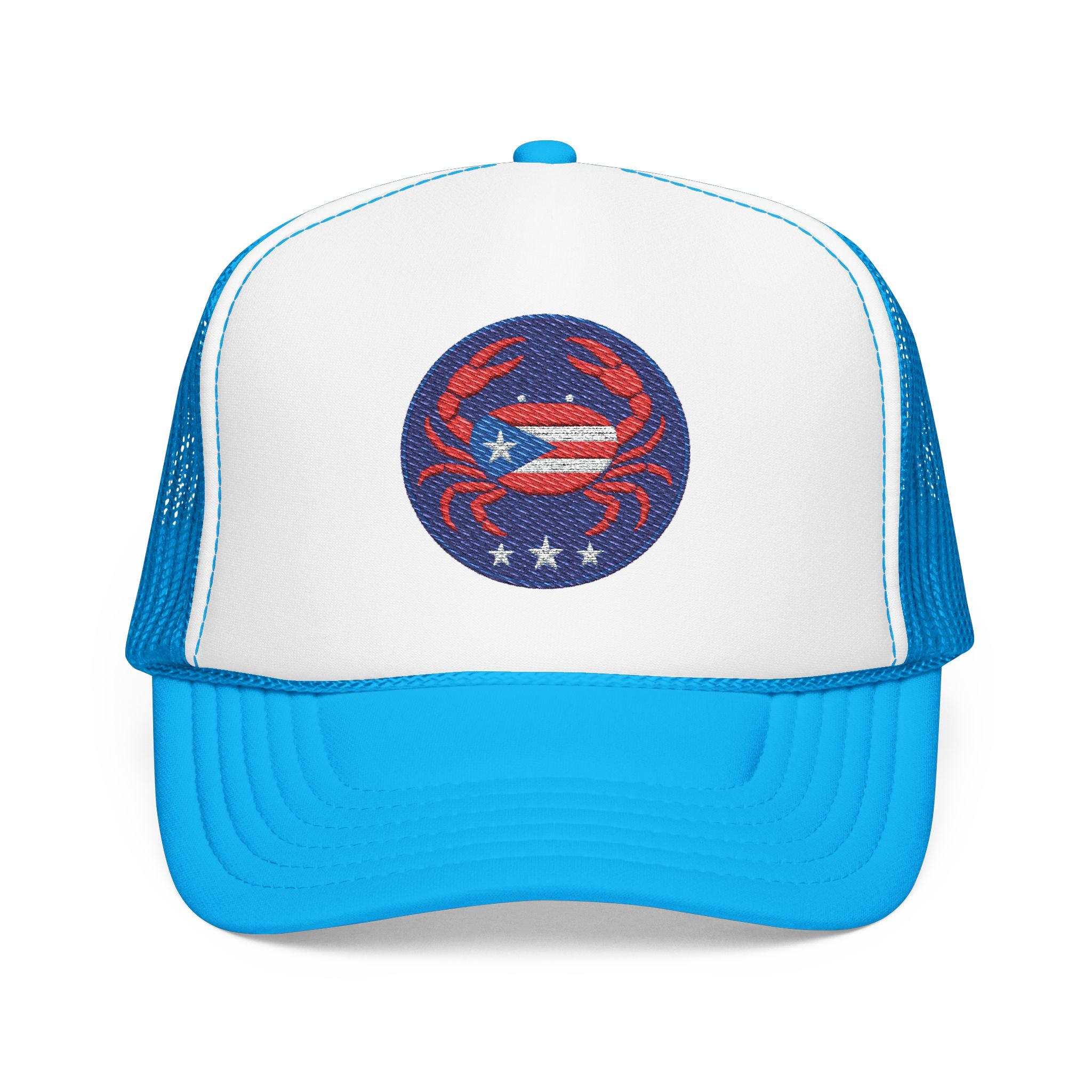 Embroidered Puerto Rico / Crab Trucker Hat — Coastal Mesh Foam Cap