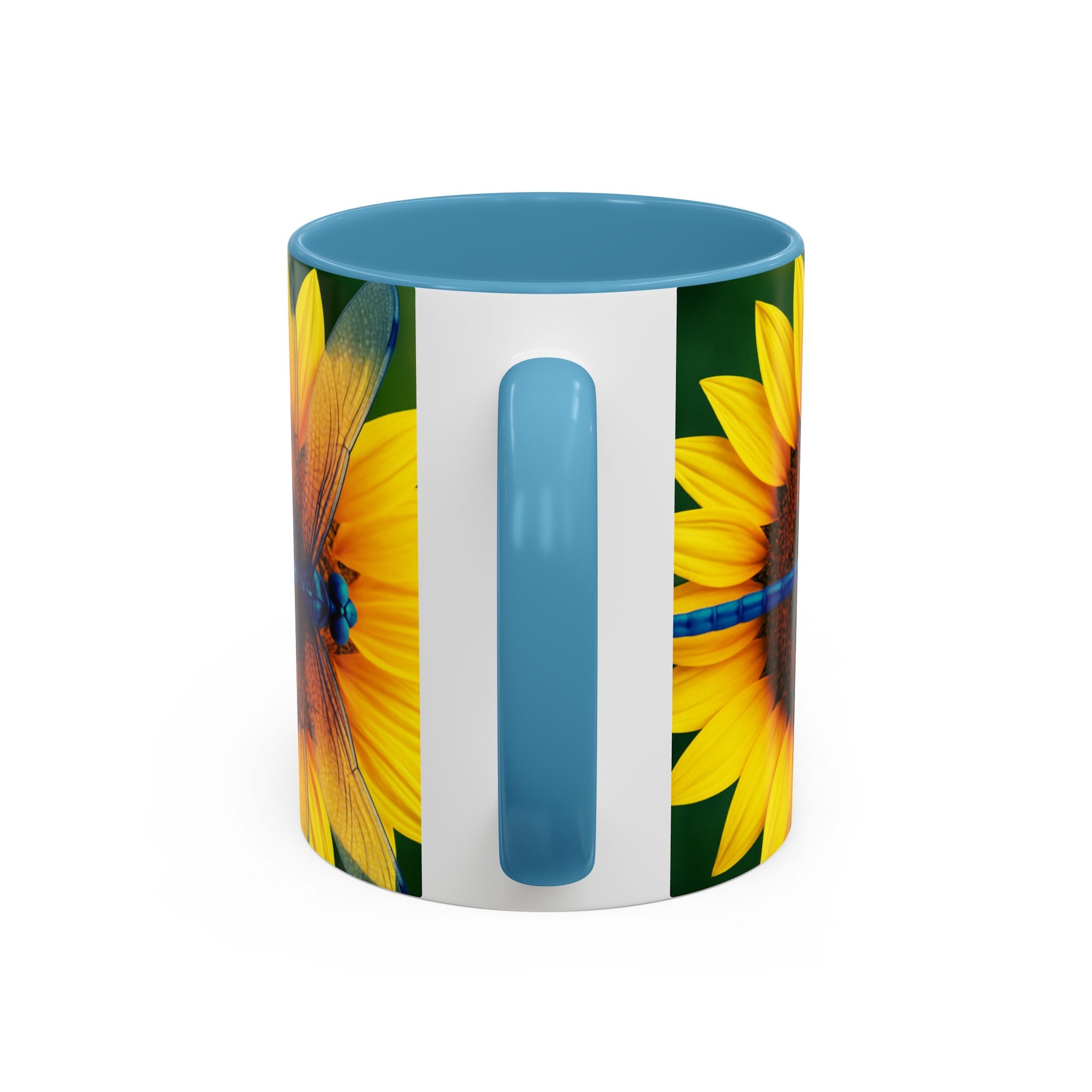 Sunflower & Dragonfly Accent Coffee Mug — Bright Floral Tea Cup (11/15oz)