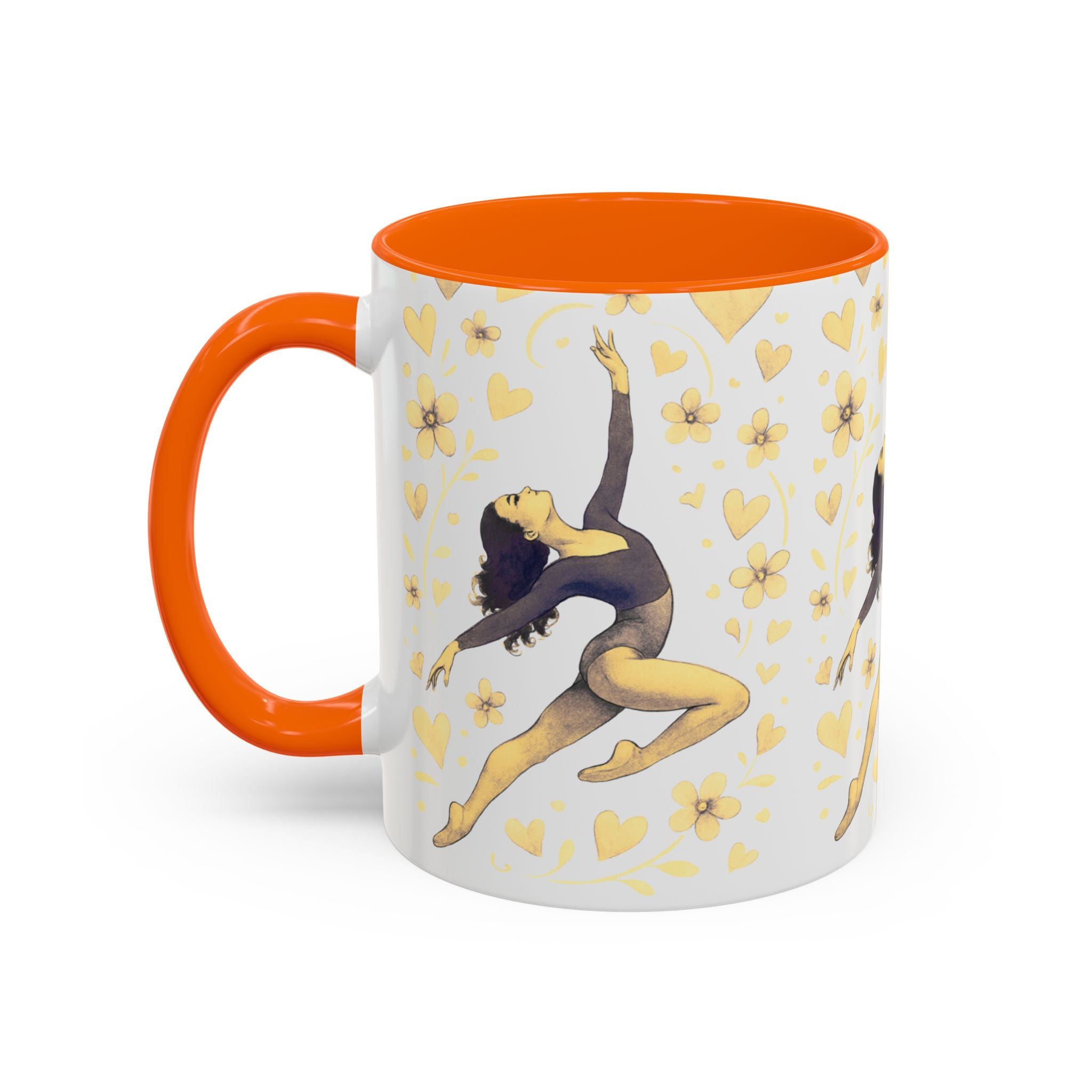 Ballet Dancer Accent Mug – Gold Hearts & Flowers Ceramic Coffee Cup (11/15oz)