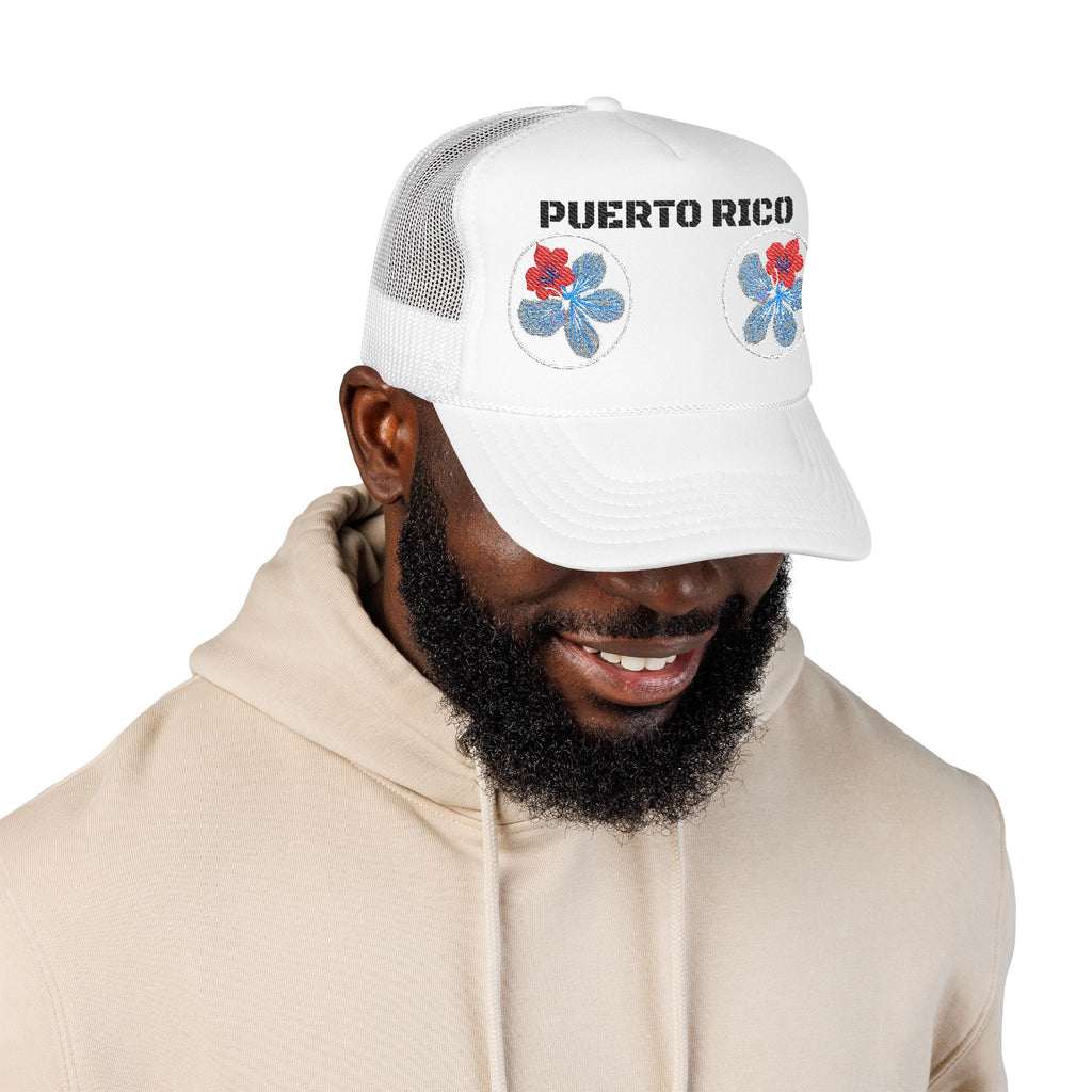 Floral Trio Foam Trucker Hat — Red & Blue Embroidered Flowers