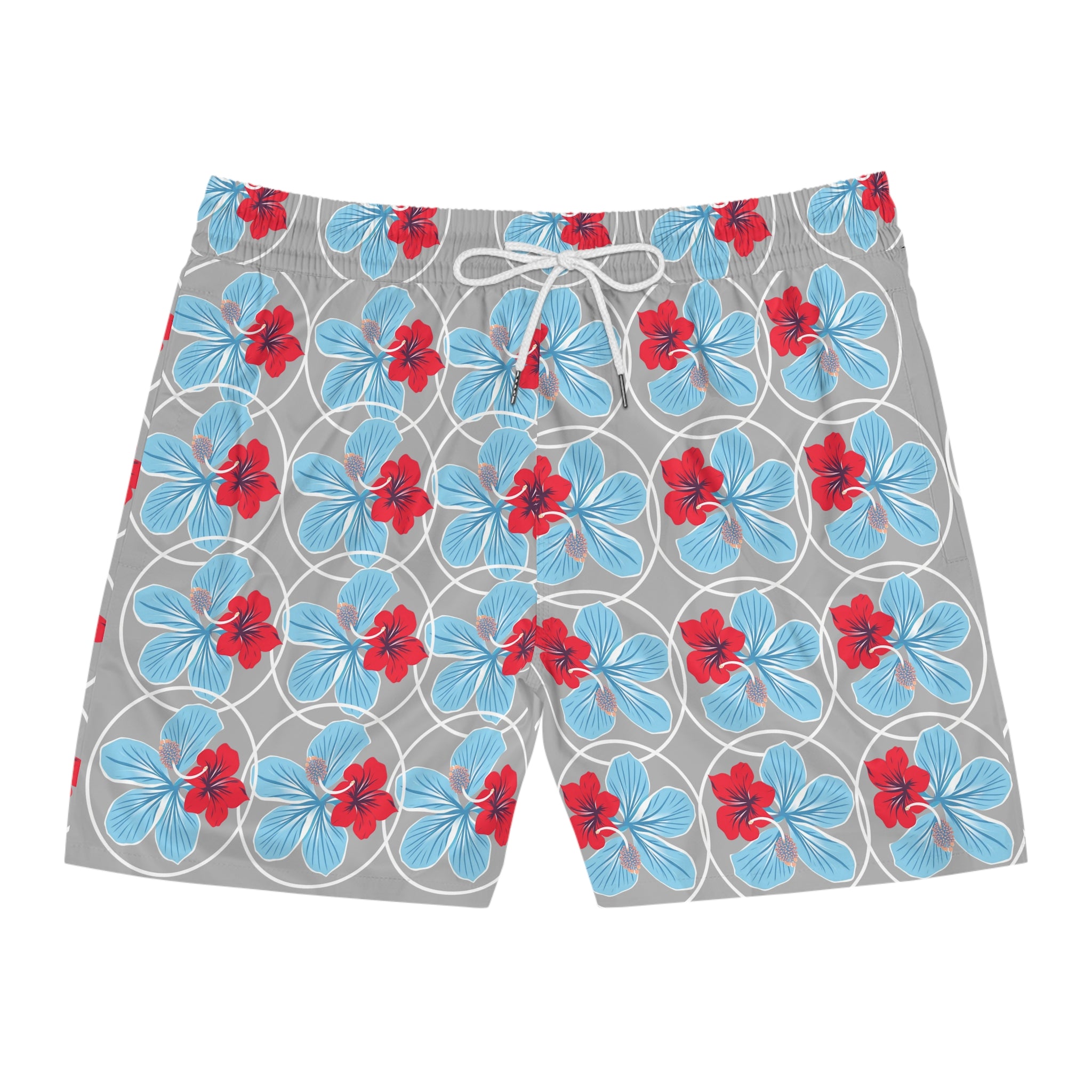 White / Azure Blue Tropical Hibiscus Swim Shorts — Men's Mid-Length Beach Trunks