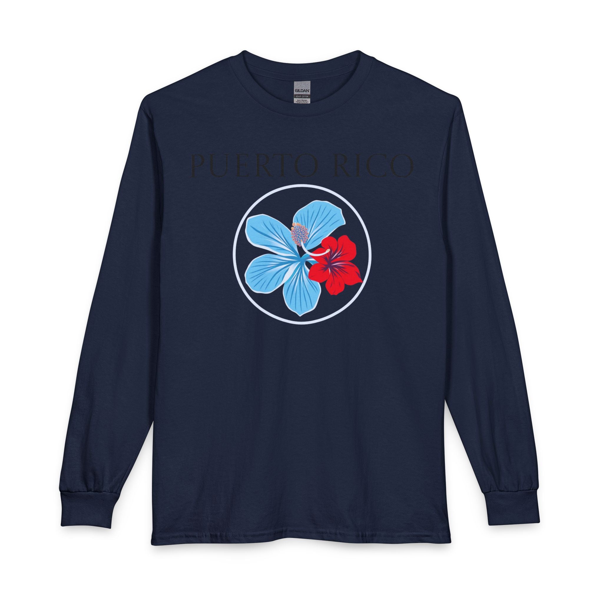 Red, White and "Azure" Blue Hibiscus Long Sleeve T-Shirt | Puerto Rico Love