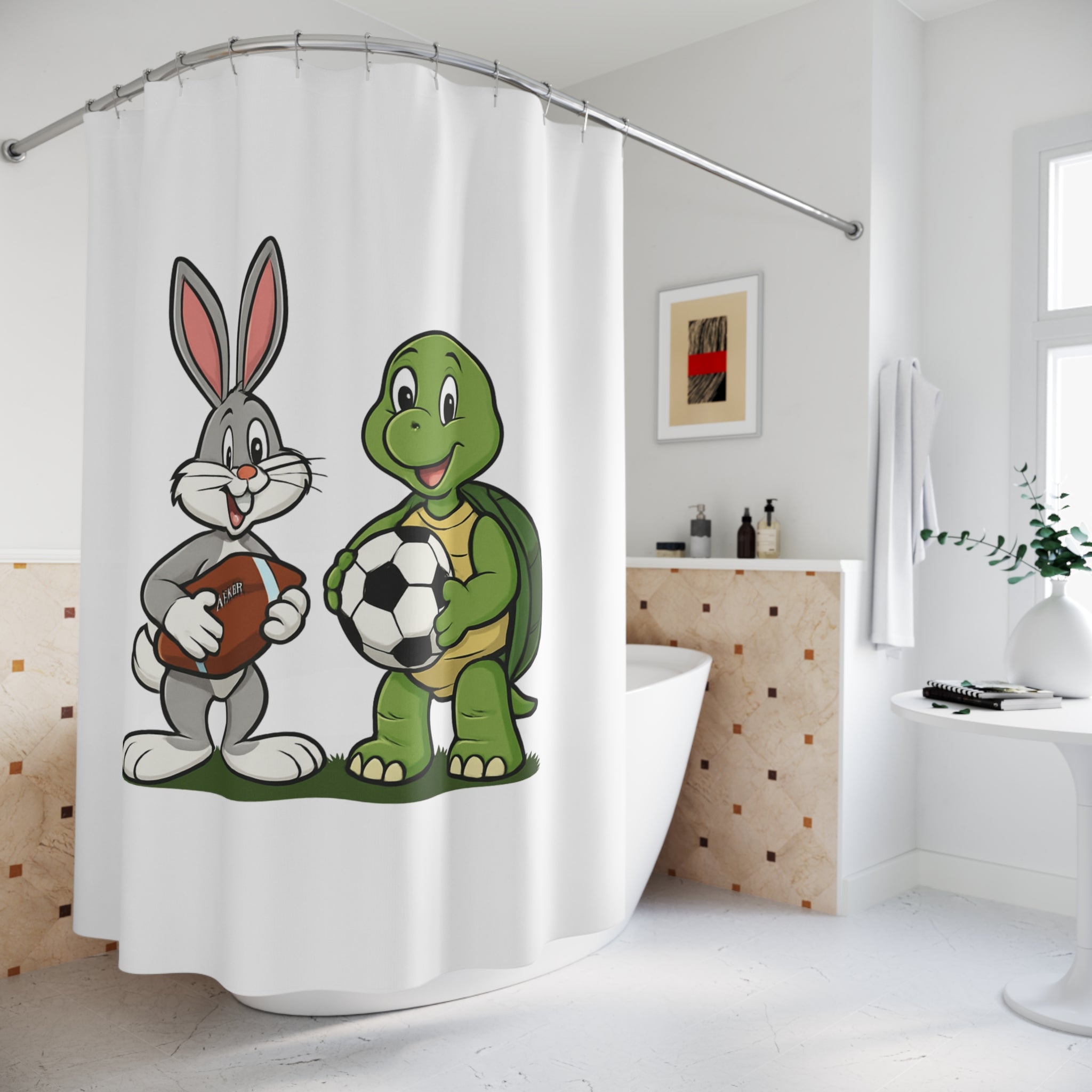 Cartoon Bunny and Turtle Shower Curtain | Sports Football Soccer