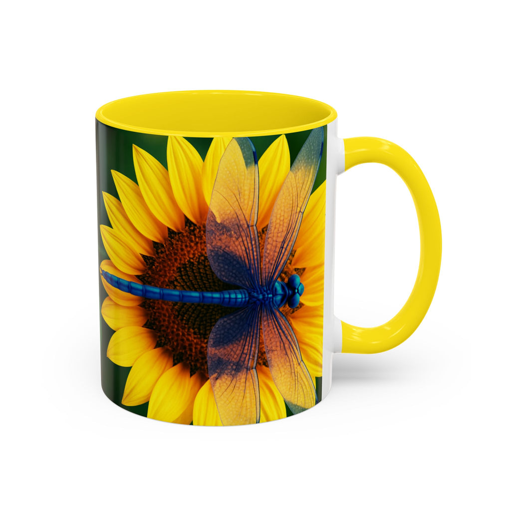 Sunflower & Dragonfly Accent Coffee Mug — Bright Floral Tea Cup (11/15oz)