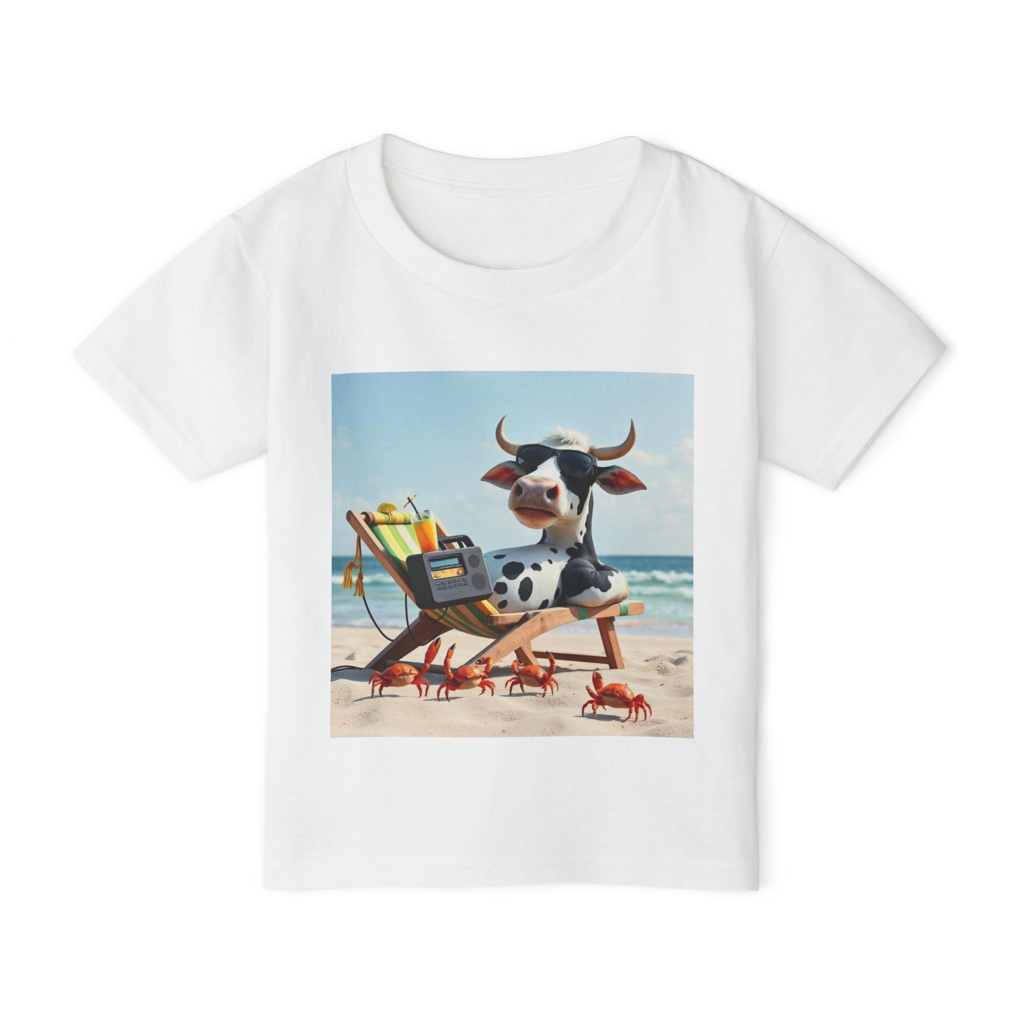 Beach Cow Toddler T‑Shirt — Cute Cow on Beach with Crabs Kids Tee