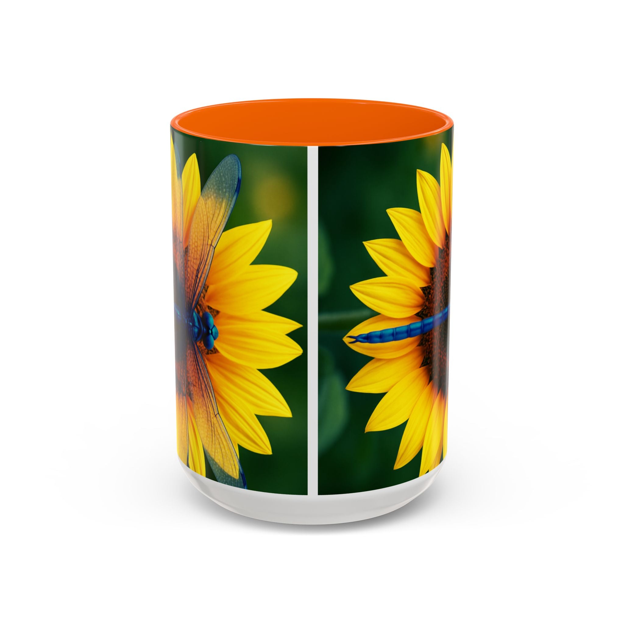 Sunflower & Dragonfly Accent Coffee Mug — Bright Floral Tea Cup (11/15oz)