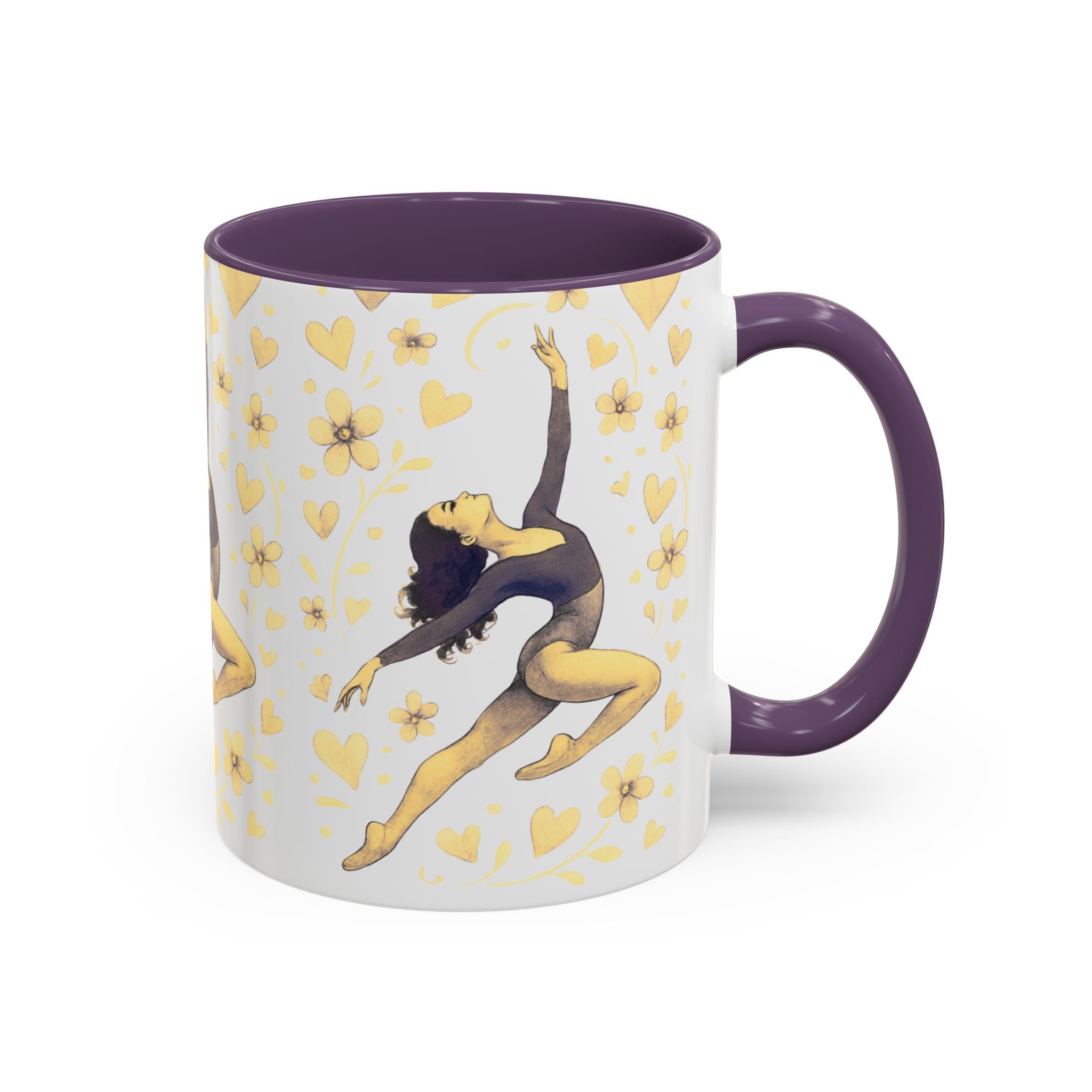 Ballet Dancer Accent Mug – Gold Hearts & Flowers Ceramic Coffee Cup (11/15oz)