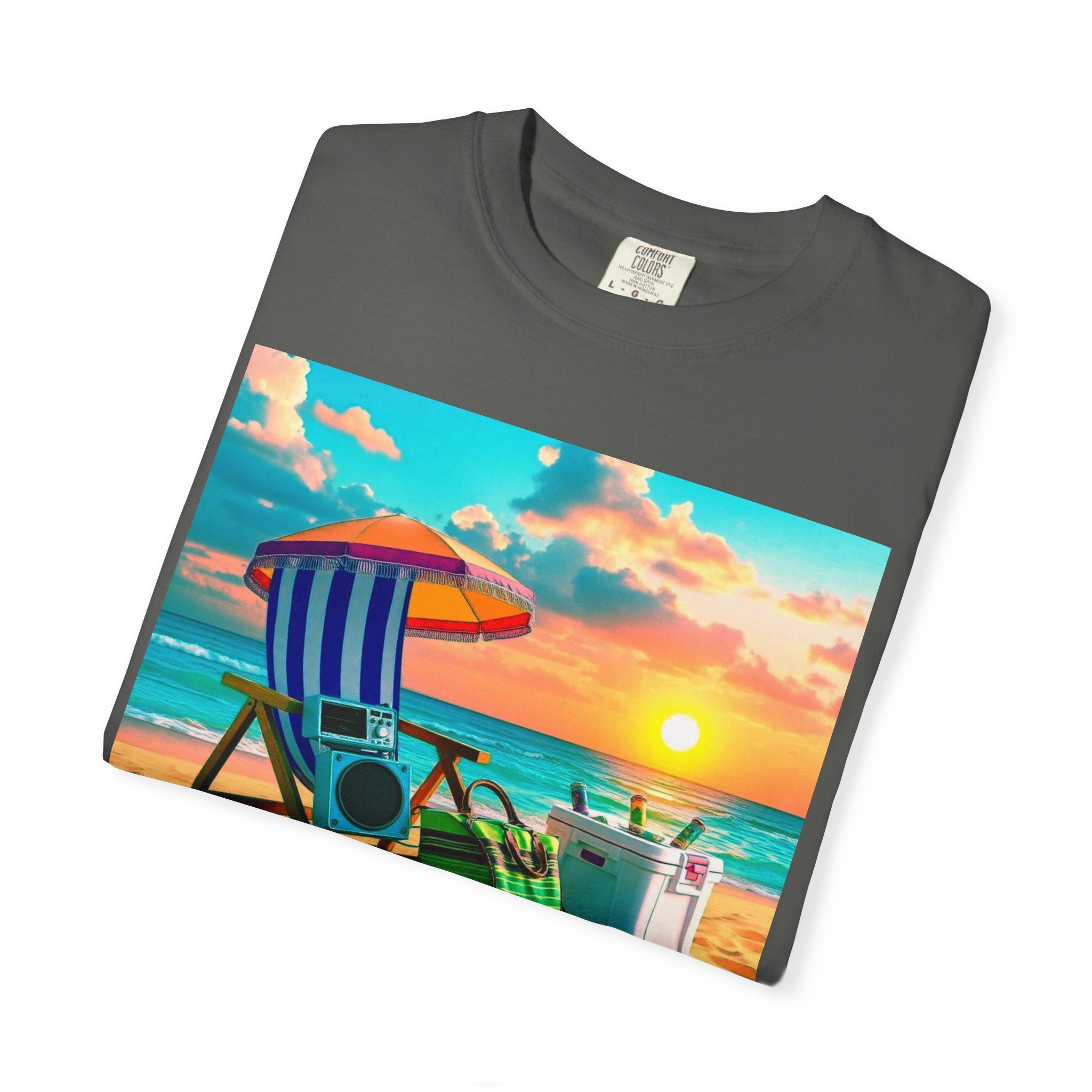 Boricua Vibes Beach T-Shirt — Puerto Rico Sunset Chair Graphic Tee