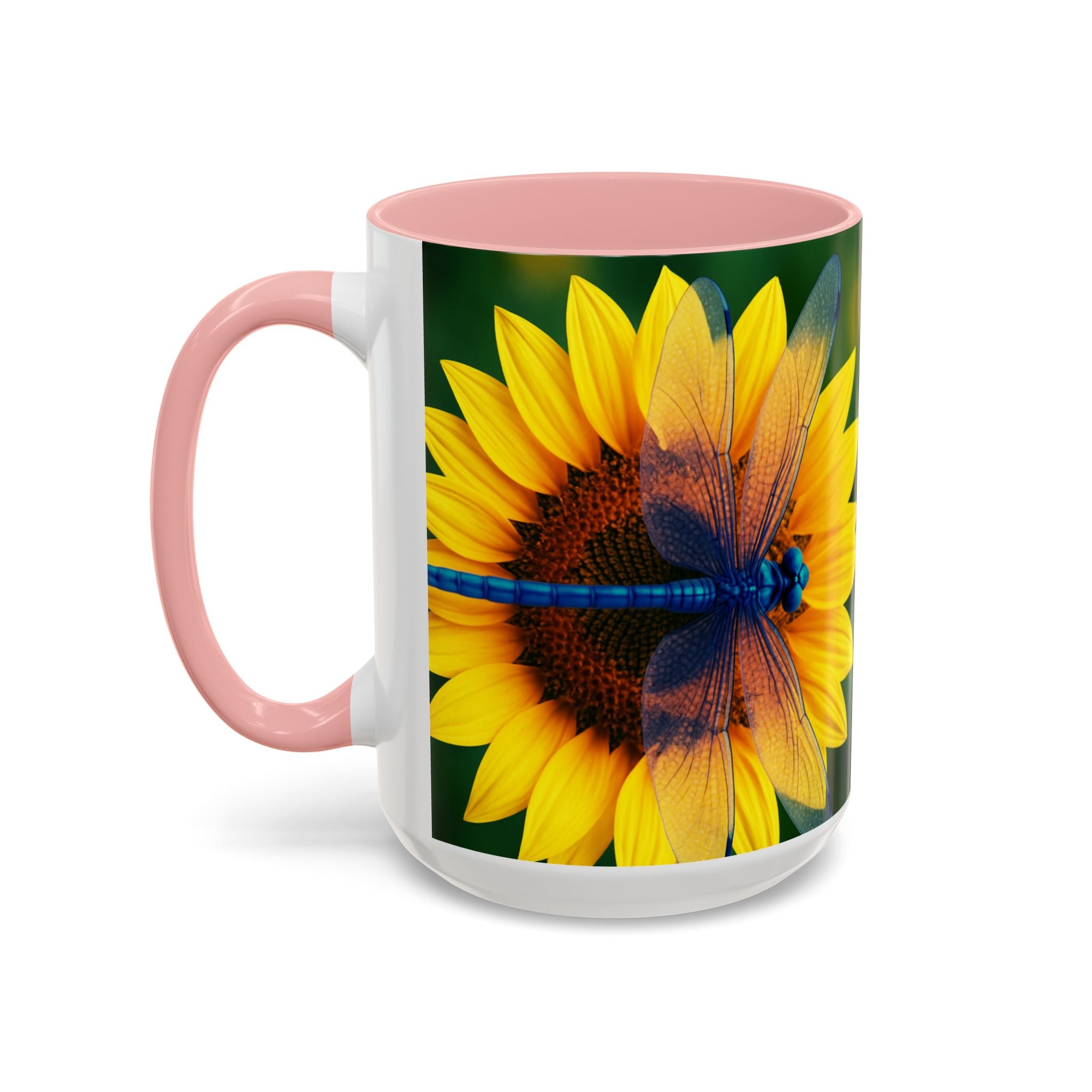Sunflower & Dragonfly Accent Coffee Mug — Bright Floral Tea Cup (11/15oz)
