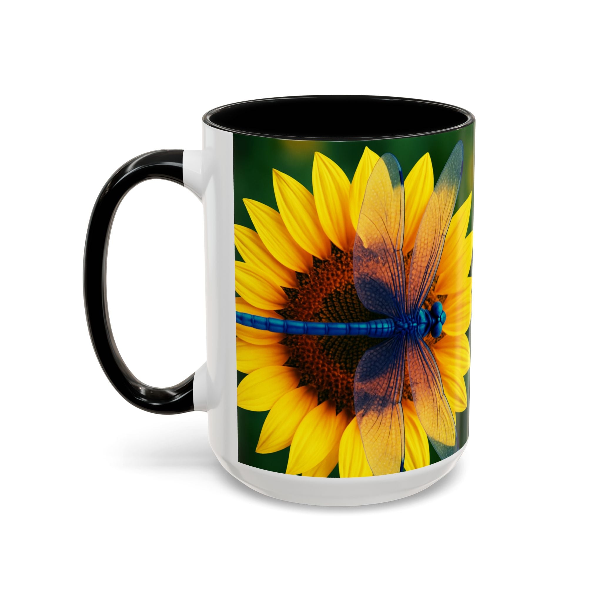 Sunflower & Dragonfly Accent Coffee Mug — Bright Floral Tea Cup (11/15oz)