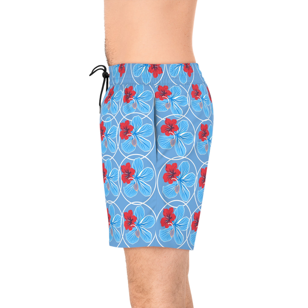 Men's Floral Swim Shorts — Red & Blue Flower Print Mid-Length Trunks