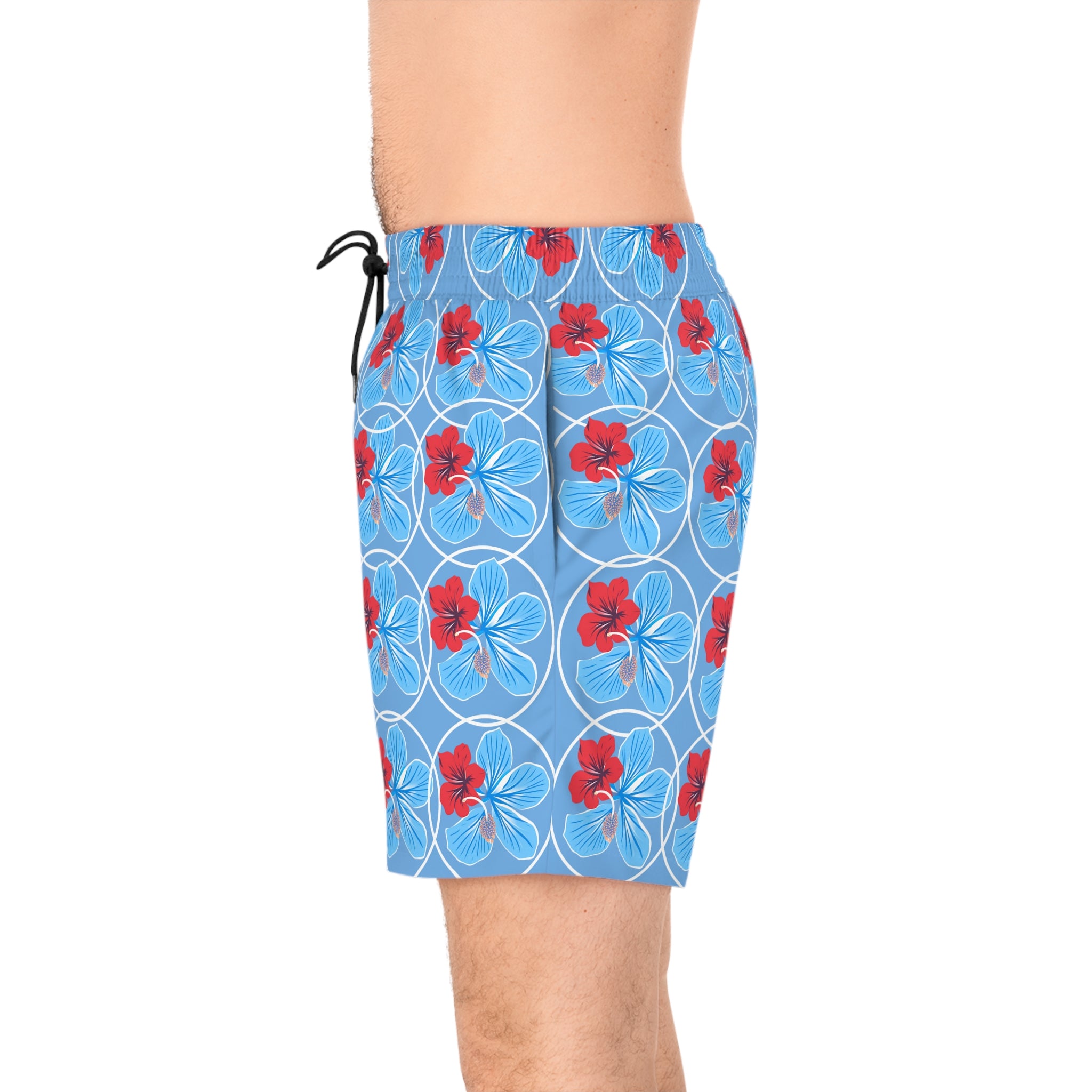 Men's Floral Swim Shorts — Red & Blue Flower Print Mid-Length Trunks