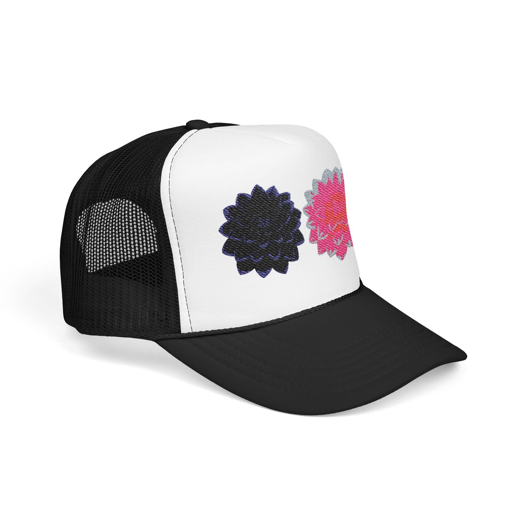 Embroidered Double Dahlia Trucker Hat — Pink & Black Floral Foam Cap