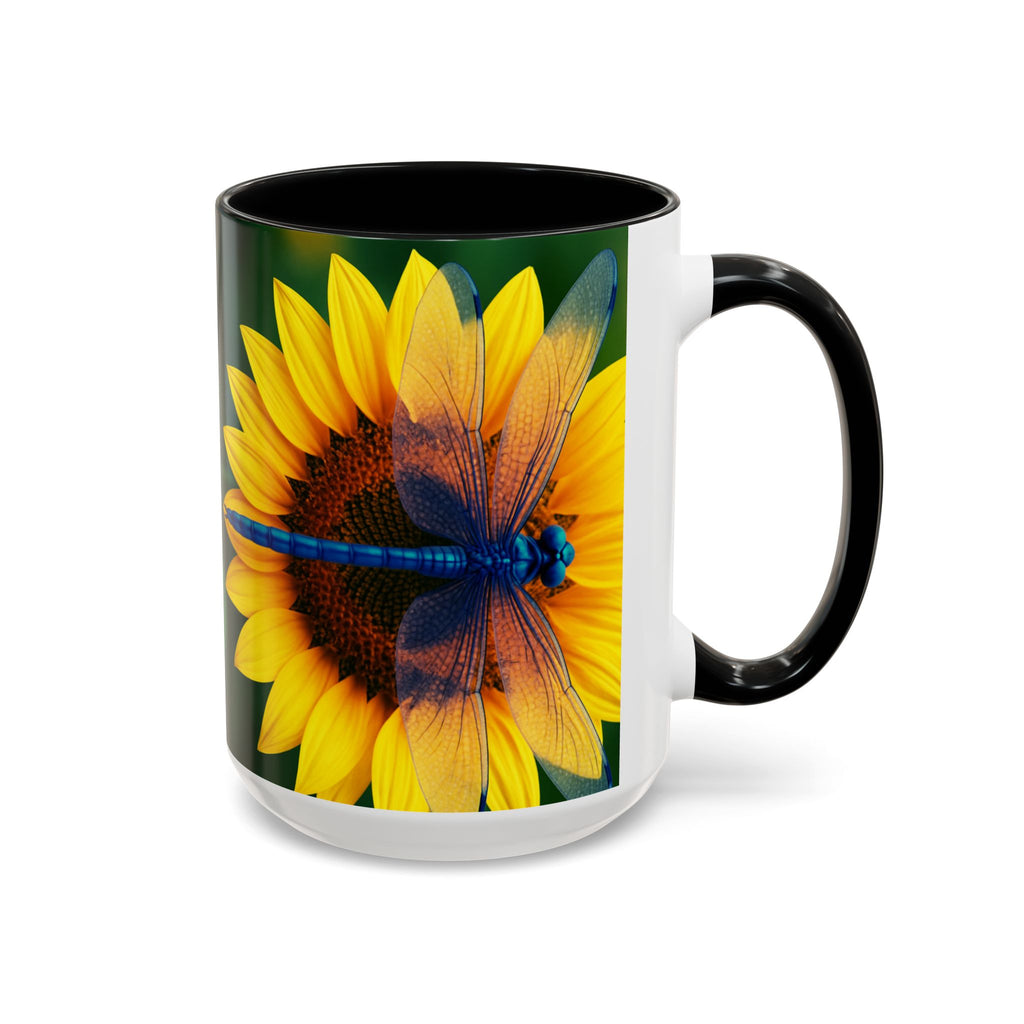 Sunflower & Dragonfly Accent Coffee Mug — Bright Floral Tea Cup (11/15oz)