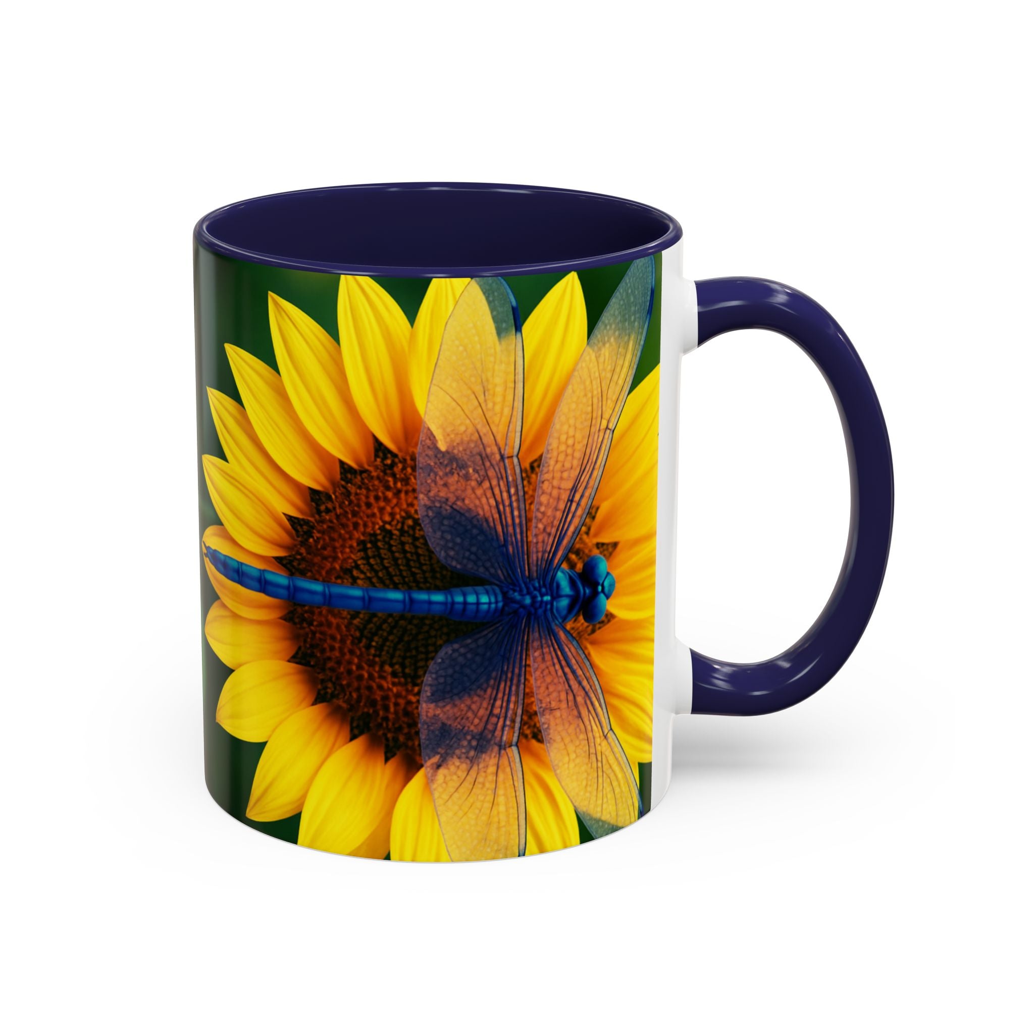 Sunflower & Dragonfly Accent Coffee Mug — Bright Floral Tea Cup (11/15oz)
