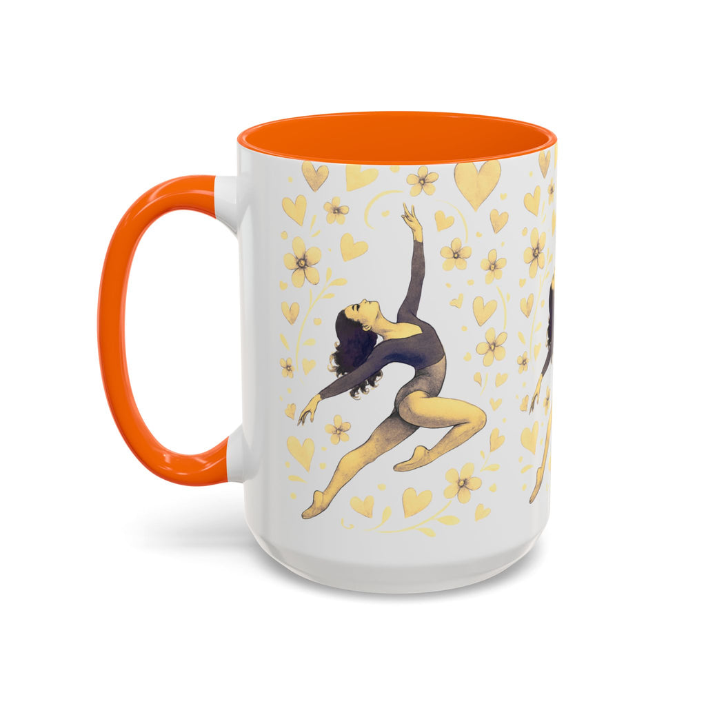 Ballet Dancer Accent Mug – Gold Hearts & Flowers Ceramic Coffee Cup (11/15oz)