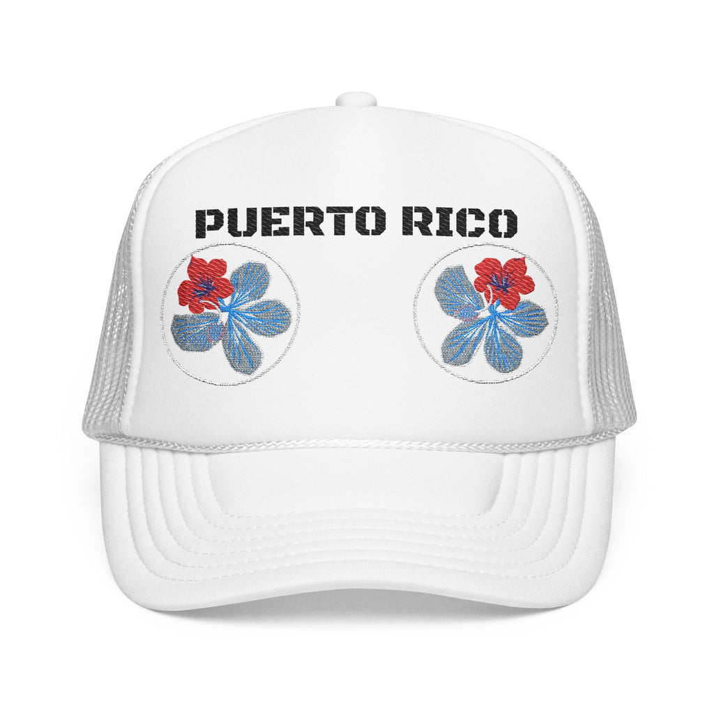 Floral Trio Foam Trucker Hat — Red & Blue Embroidered Flowers