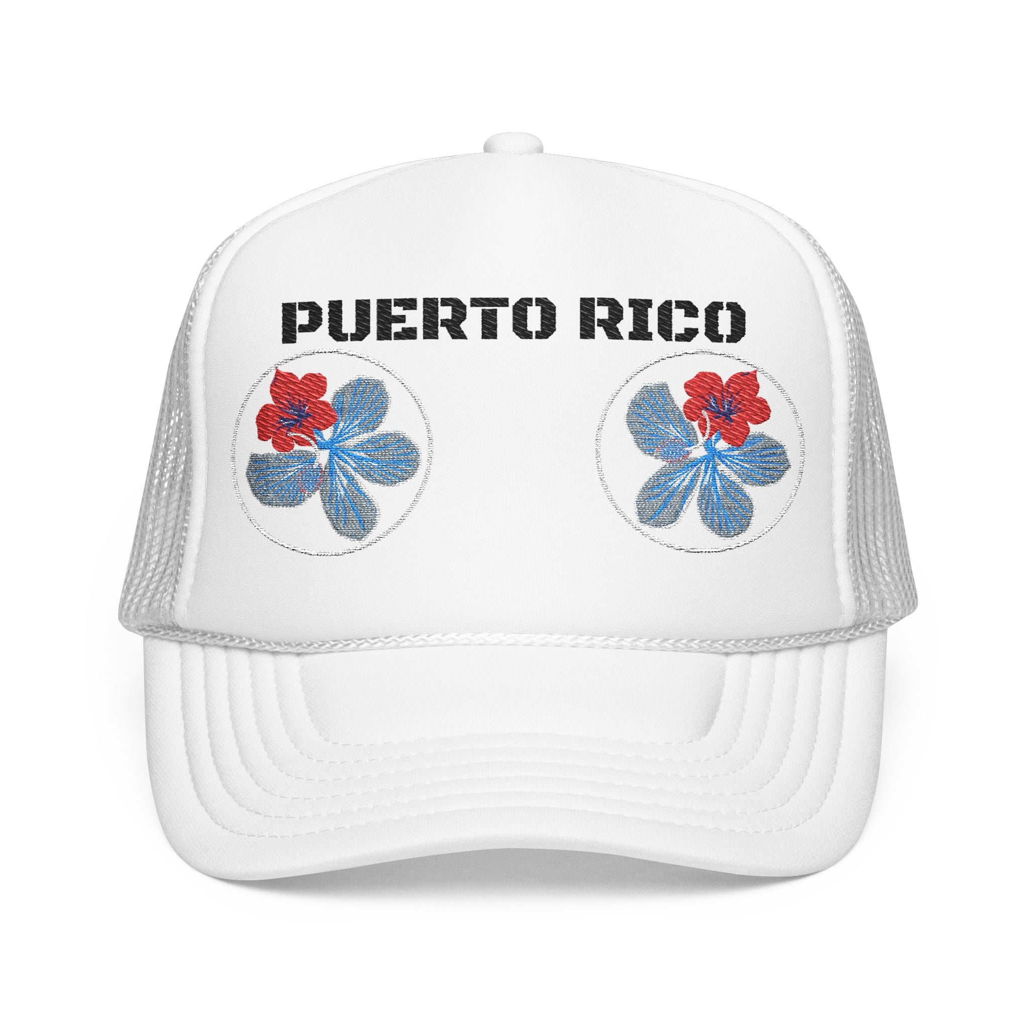 Floral Trio Foam Trucker Hat — Red & Blue Embroidered Flowers