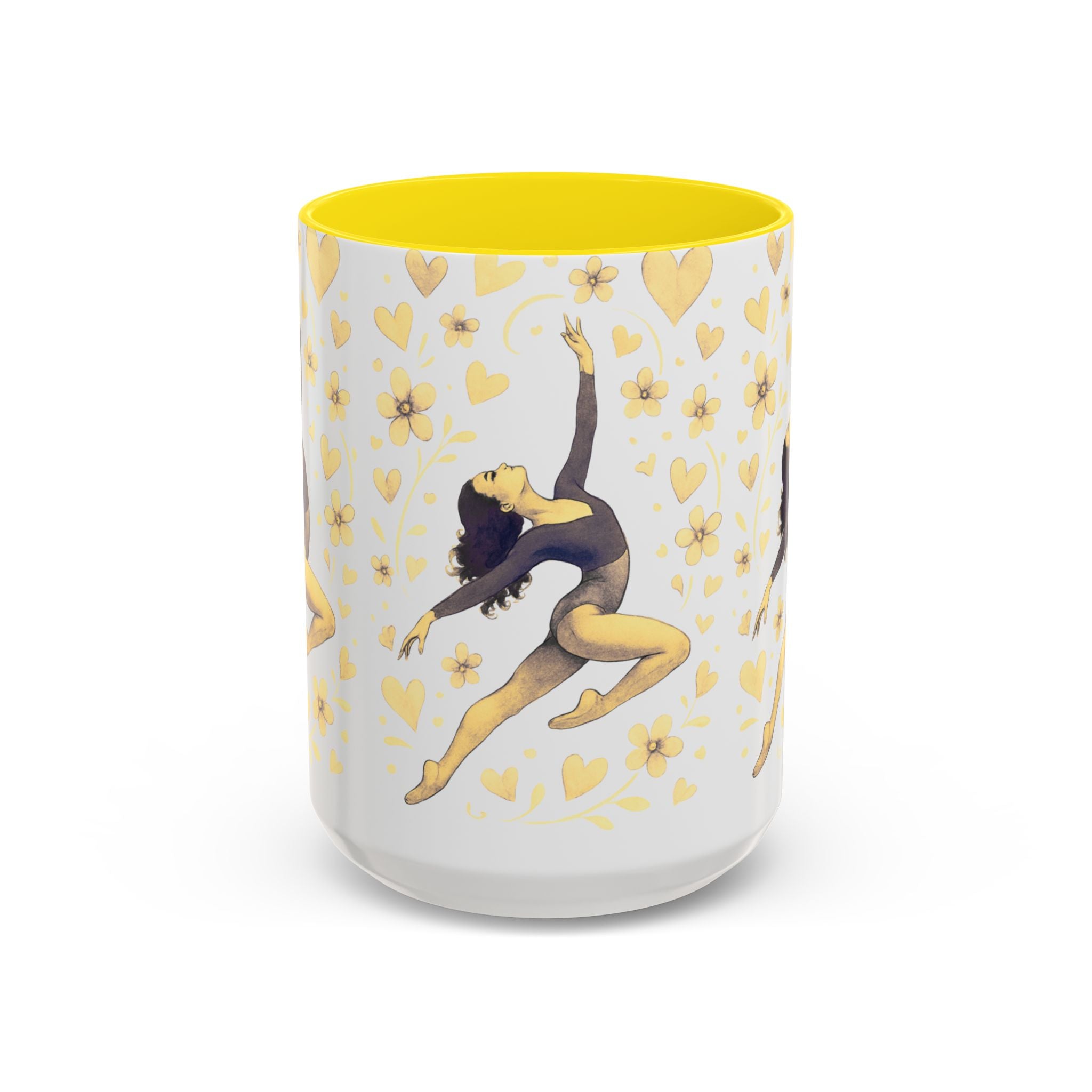 Ballet Dancer Accent Mug – Gold Hearts & Flowers Ceramic Coffee Cup (11/15oz)