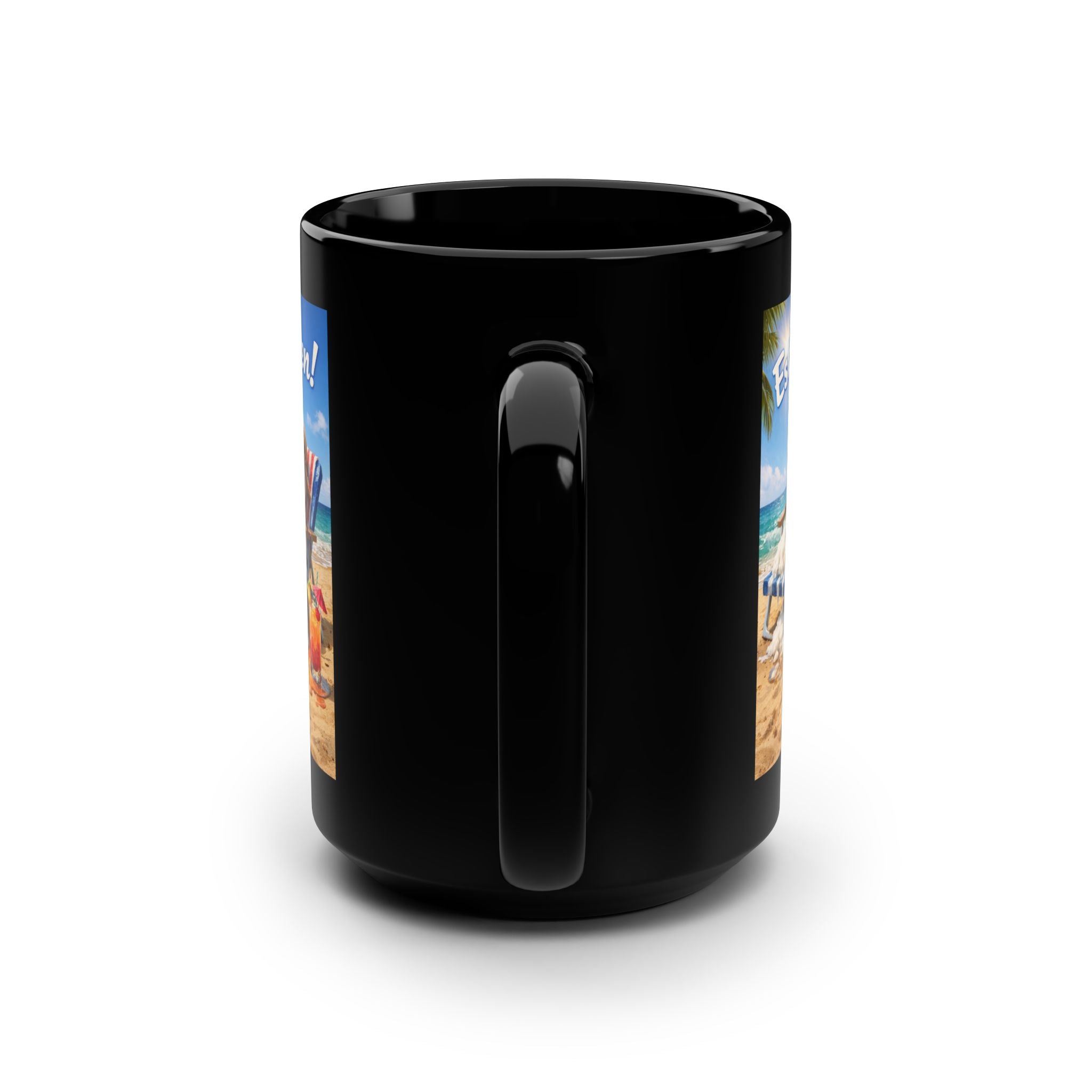 Estoy Bien! Beach Snowman Coffee Mug — 15oz Black Ceramic