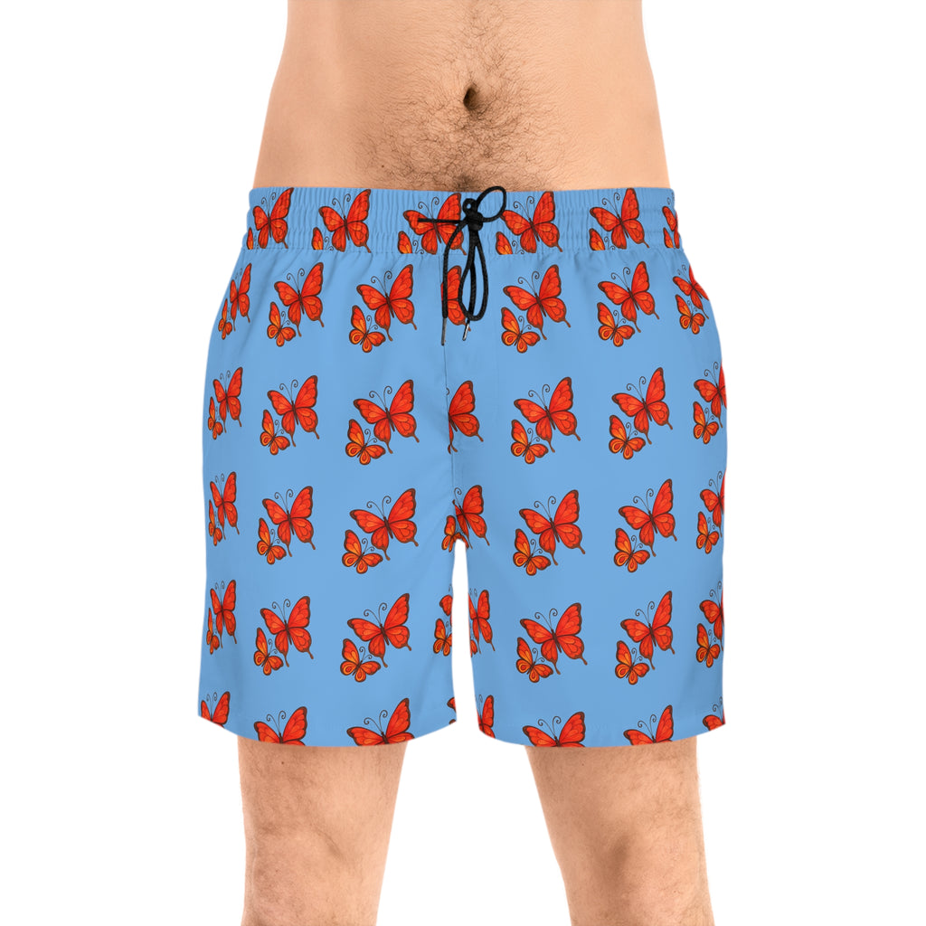 Men's Mid-Length Swim Shorts — Red Butterfly Pattern 95% polyester, 5% spandex