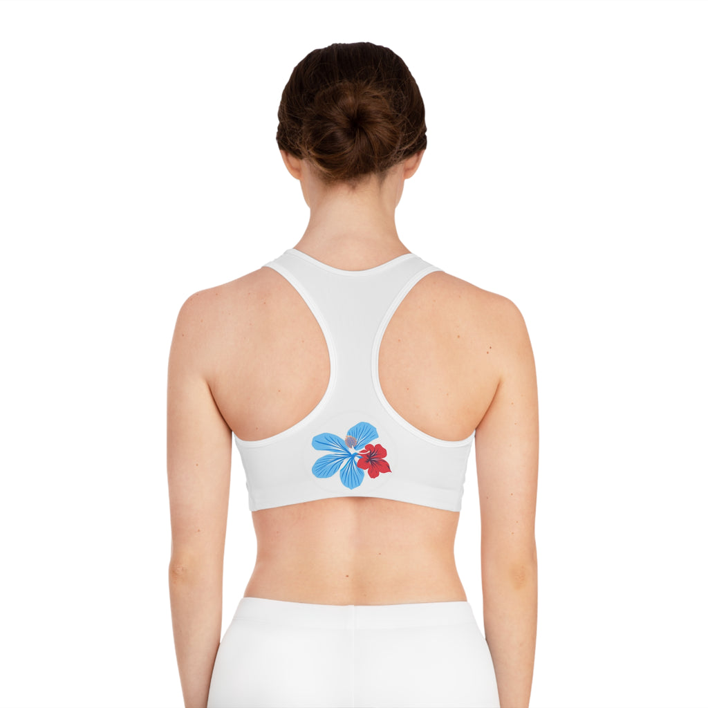 Floral Hibiscus Sports Bra — Blue & Red Tropical Print