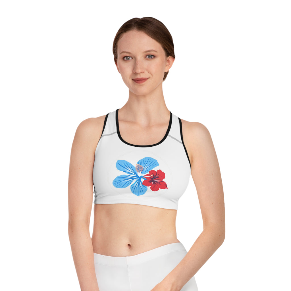 Floral Hibiscus Sports Bra — Blue & Red Tropical Print
