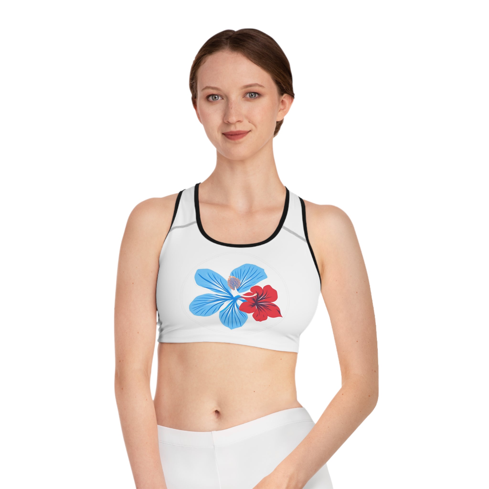 Floral Hibiscus Sports Bra — Blue & Red Tropical Print
