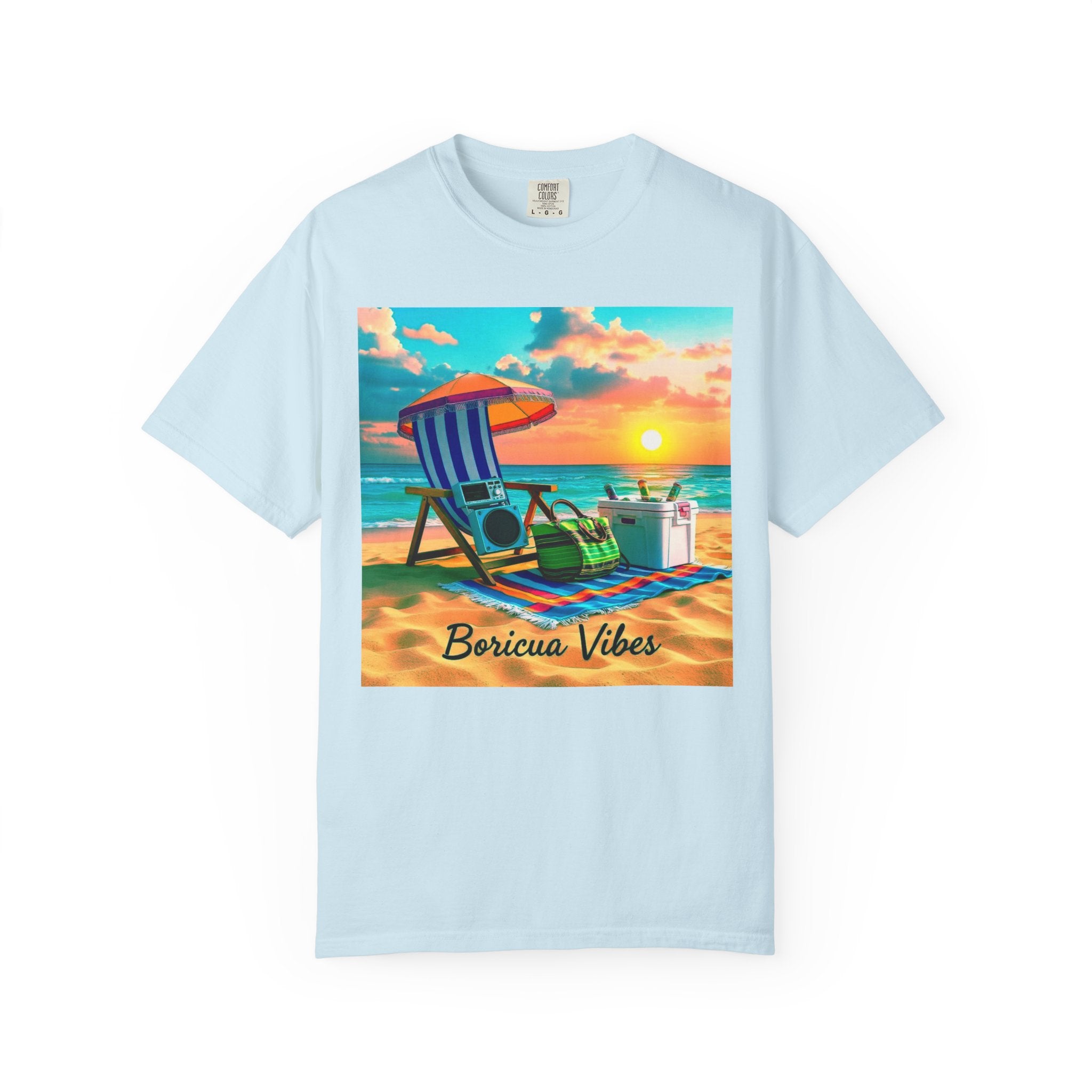 Boricua Vibes Beach T-Shirt — Puerto Rico Sunset Chair Graphic Tee