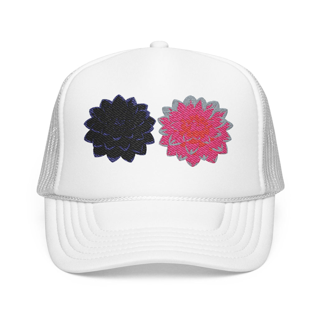 Embroidered Double Dahlia Trucker Hat — Pink & Black Floral Foam Cap