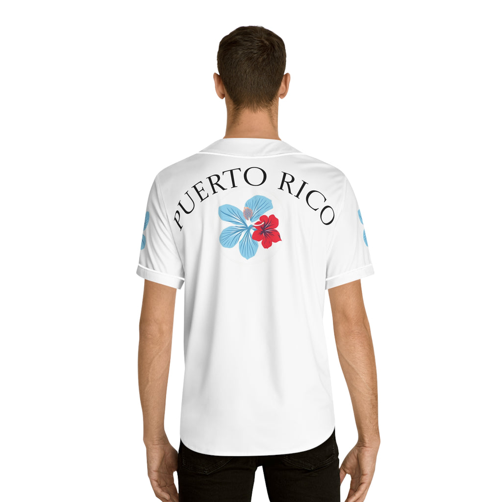 Puerto Rico Floral Baseball Jersey — "Azure" Blue and Red Tropical Hibiscus Jersey