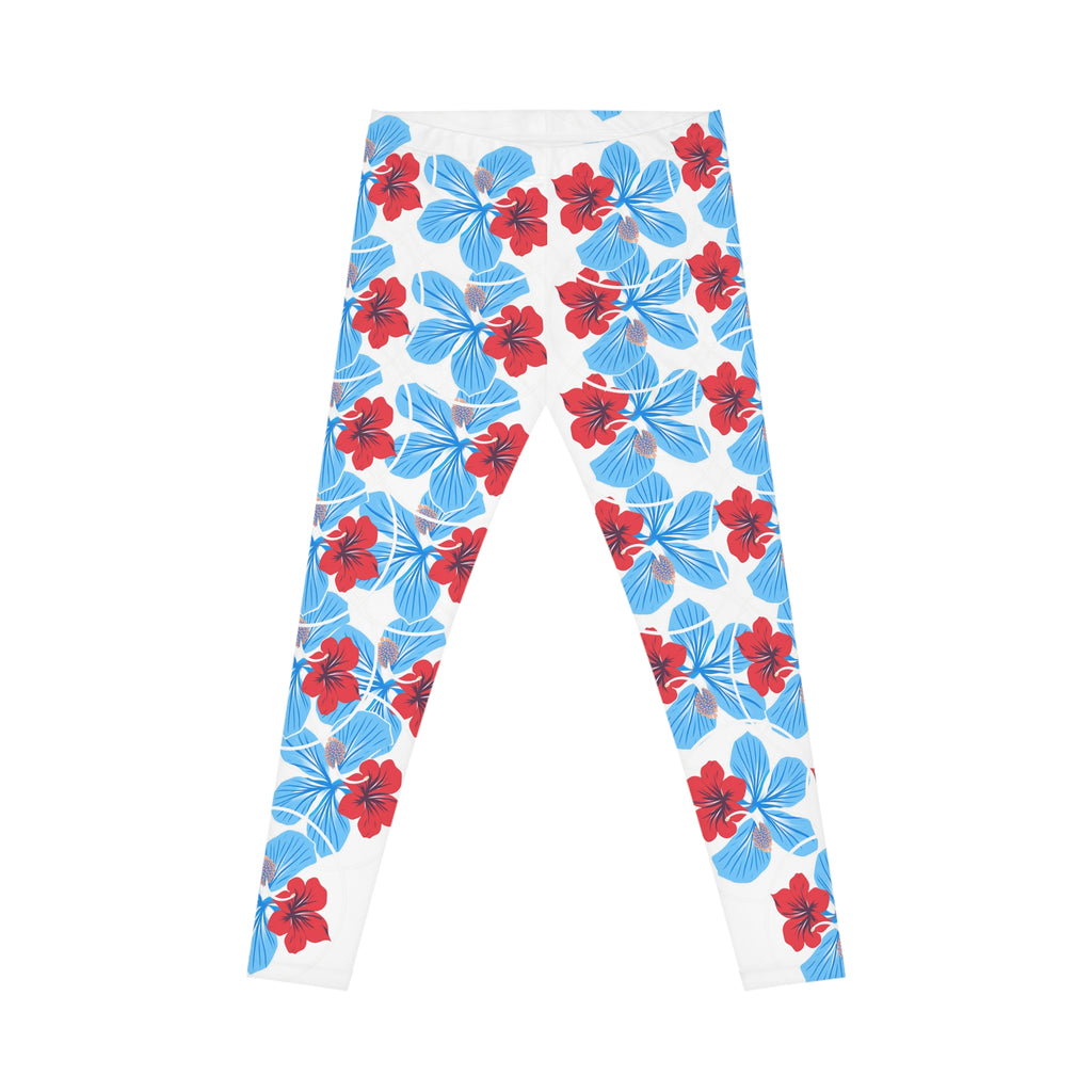 Tropical Floral Leggings — Blue & Red Hibiscus Allover Print