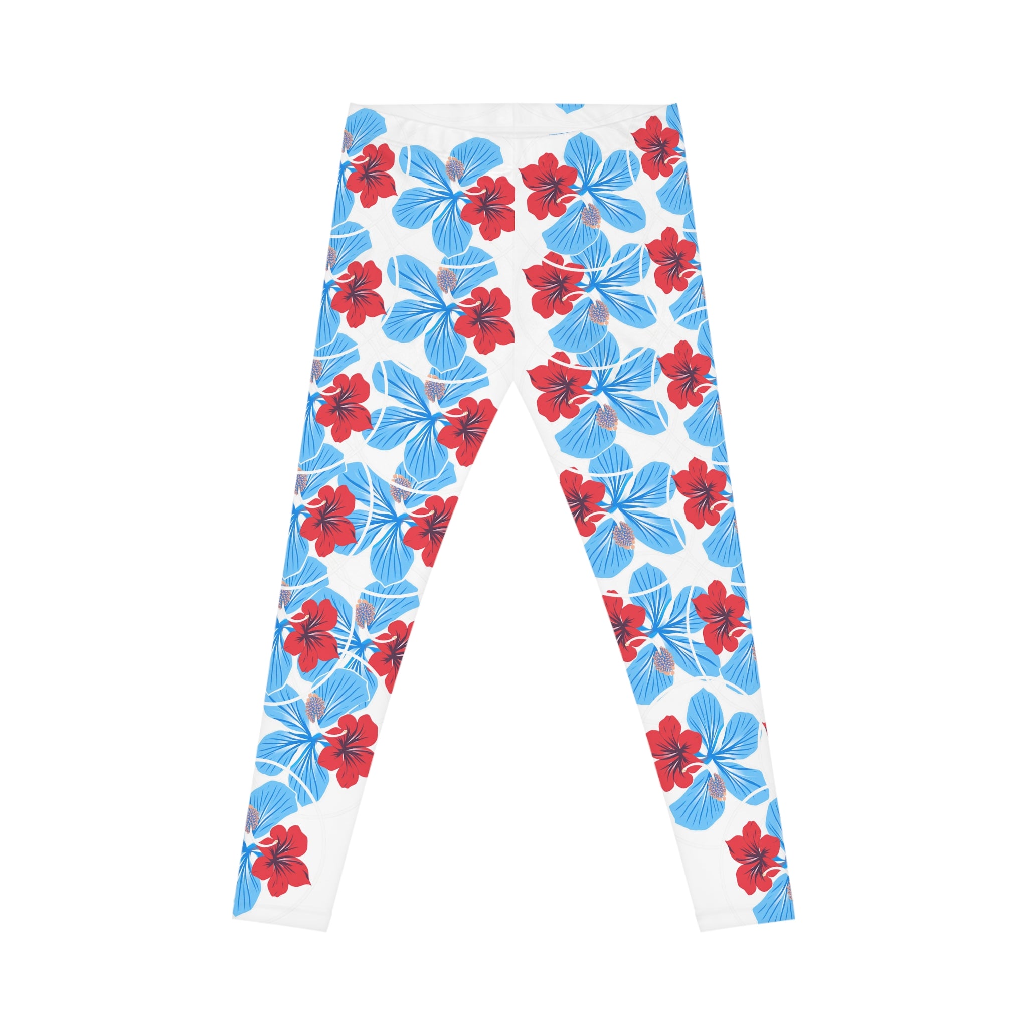 Tropical Floral Leggings — Blue & Red Hibiscus Allover Print