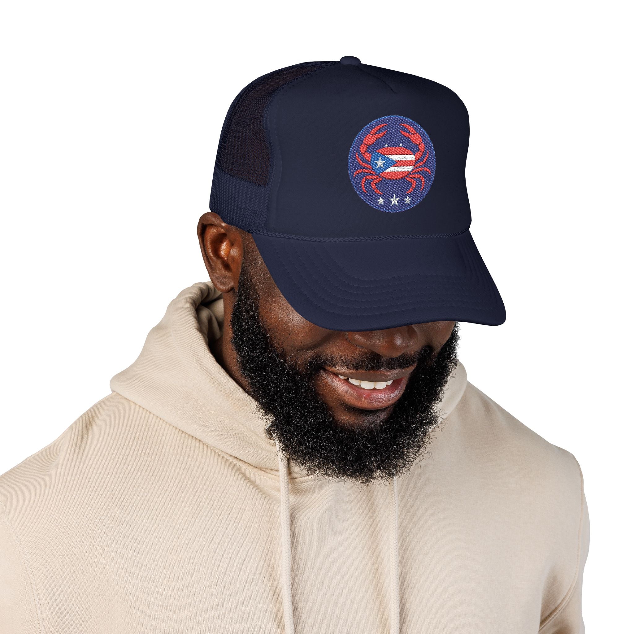 Embroidered Puerto Rico / Crab Trucker Hat — Coastal Mesh Foam Cap