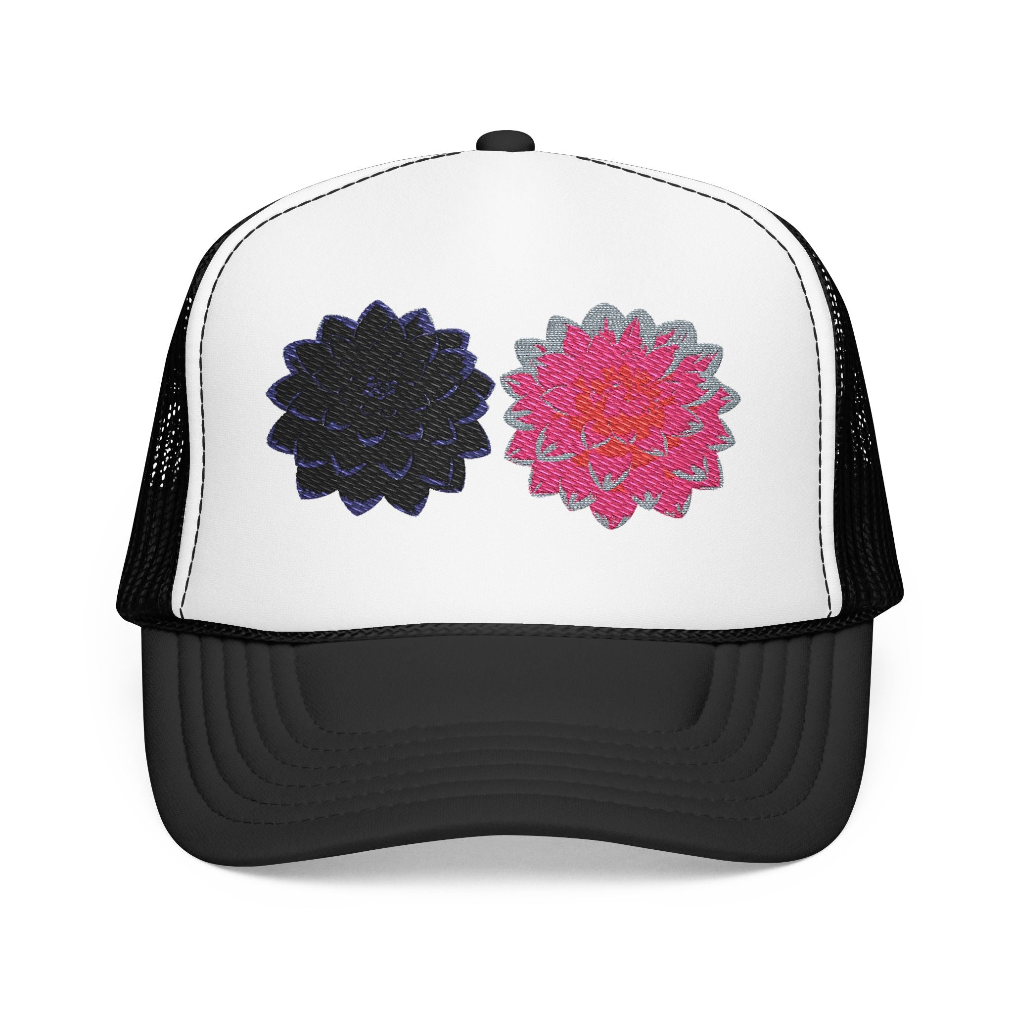 Embroidered Double Dahlia Trucker Hat — Pink & Black Floral Foam Cap