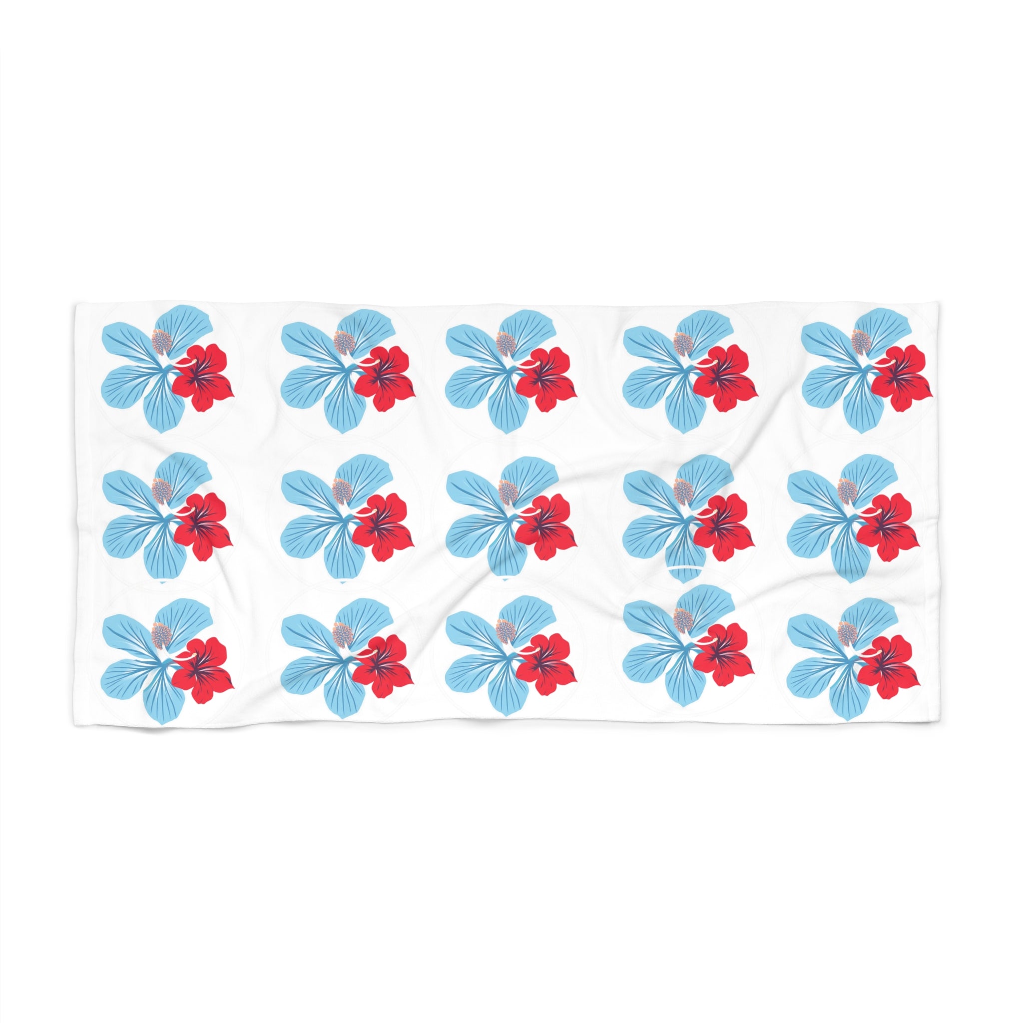 Beach Towel - "Azure" Blue & Red Hibiscus Pattern