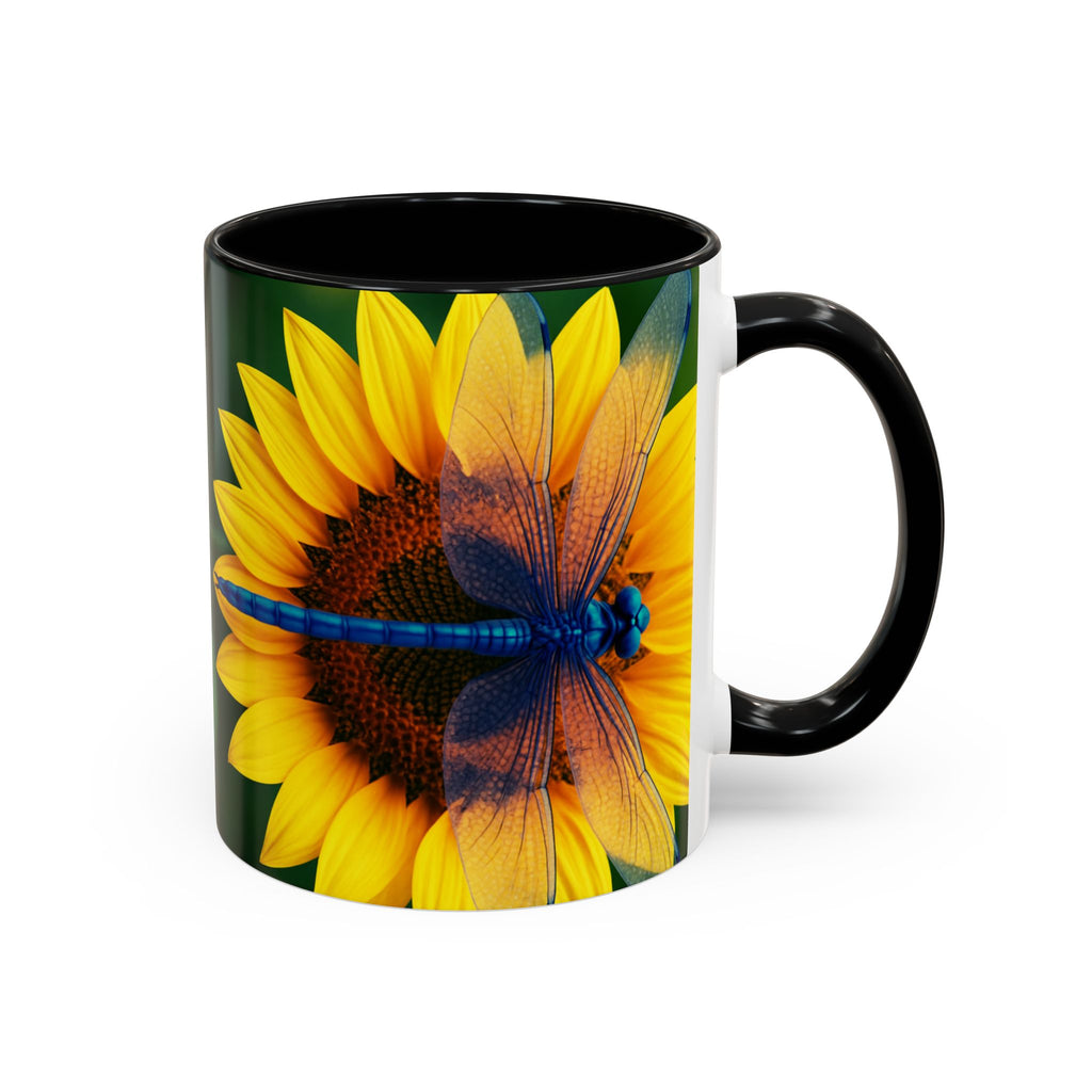 Sunflower & Dragonfly Accent Coffee Mug — Bright Floral Tea Cup (11/15oz)