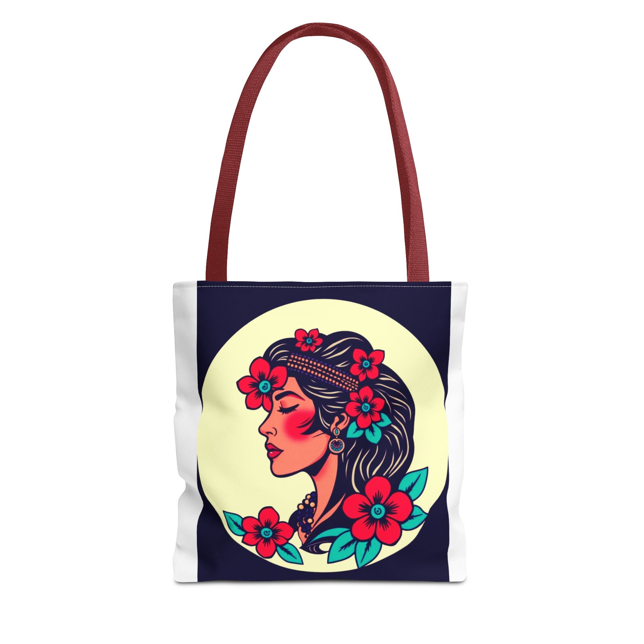 Floral Boho Woman Tote Bag — Retro Floral Portrait All-Over Print Tote