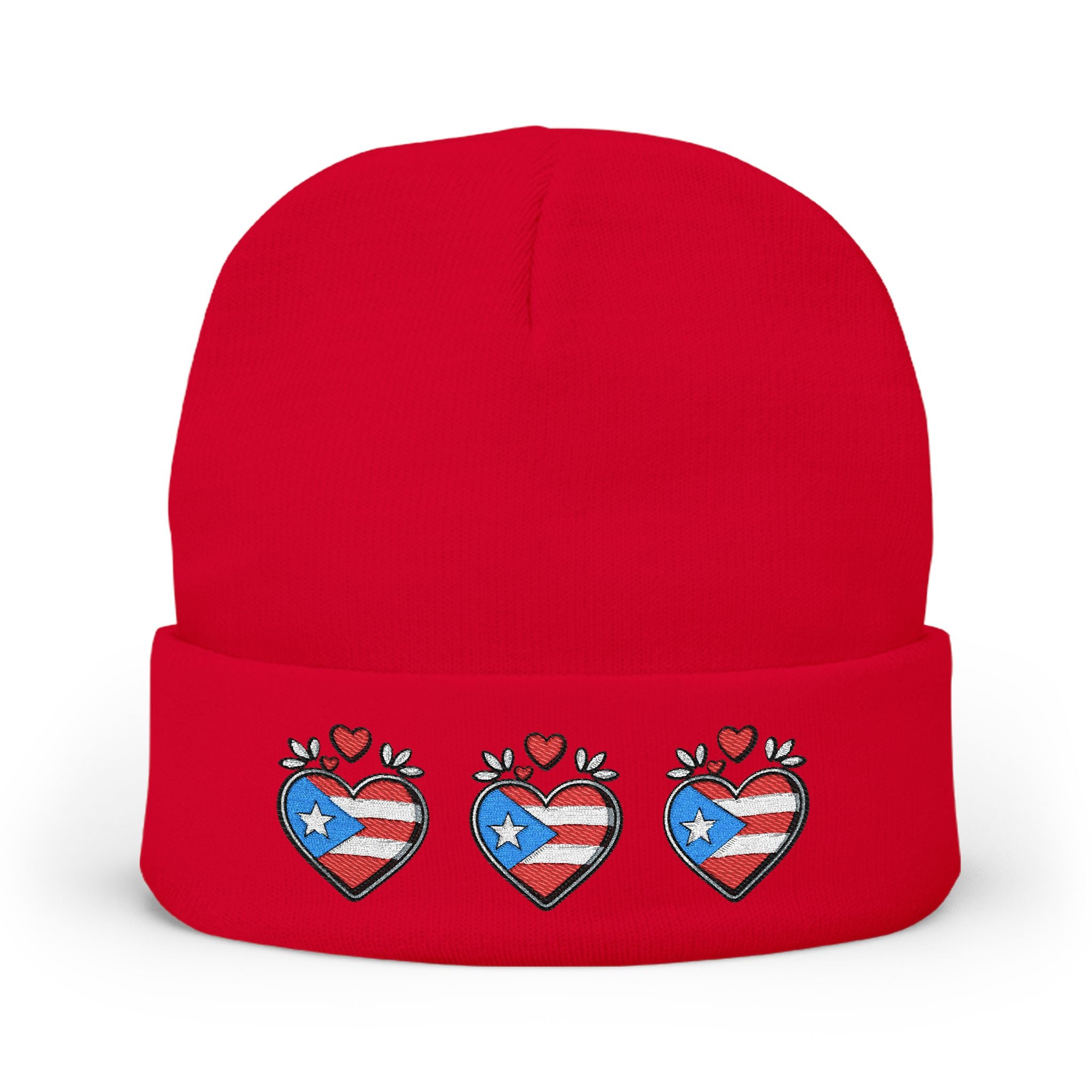 Knit Beanie (Embroidery) - Puerto Rico Flag and Heart Pride