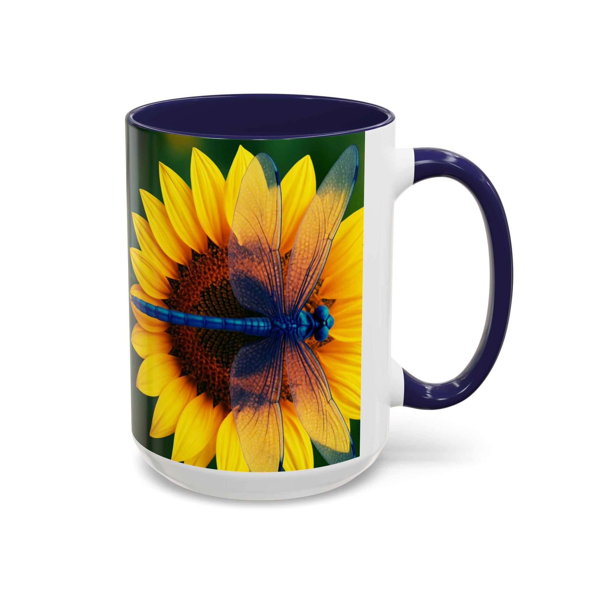 Sunflower & Dragonfly Accent Coffee Mug — Bright Floral Tea Cup (11/15oz)