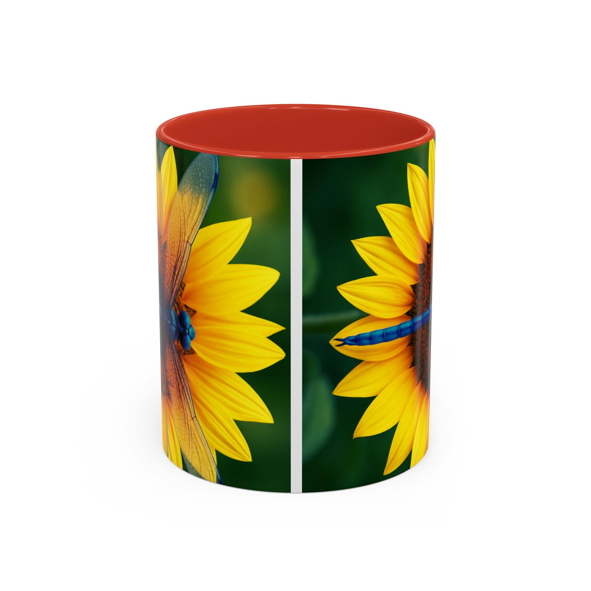 Sunflower & Dragonfly Accent Coffee Mug — Bright Floral Tea Cup (11/15oz)