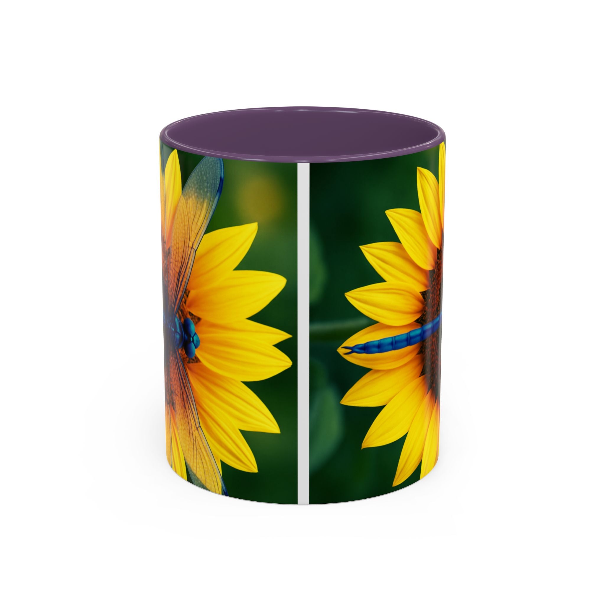 Sunflower & Dragonfly Accent Coffee Mug — Bright Floral Tea Cup (11/15oz)