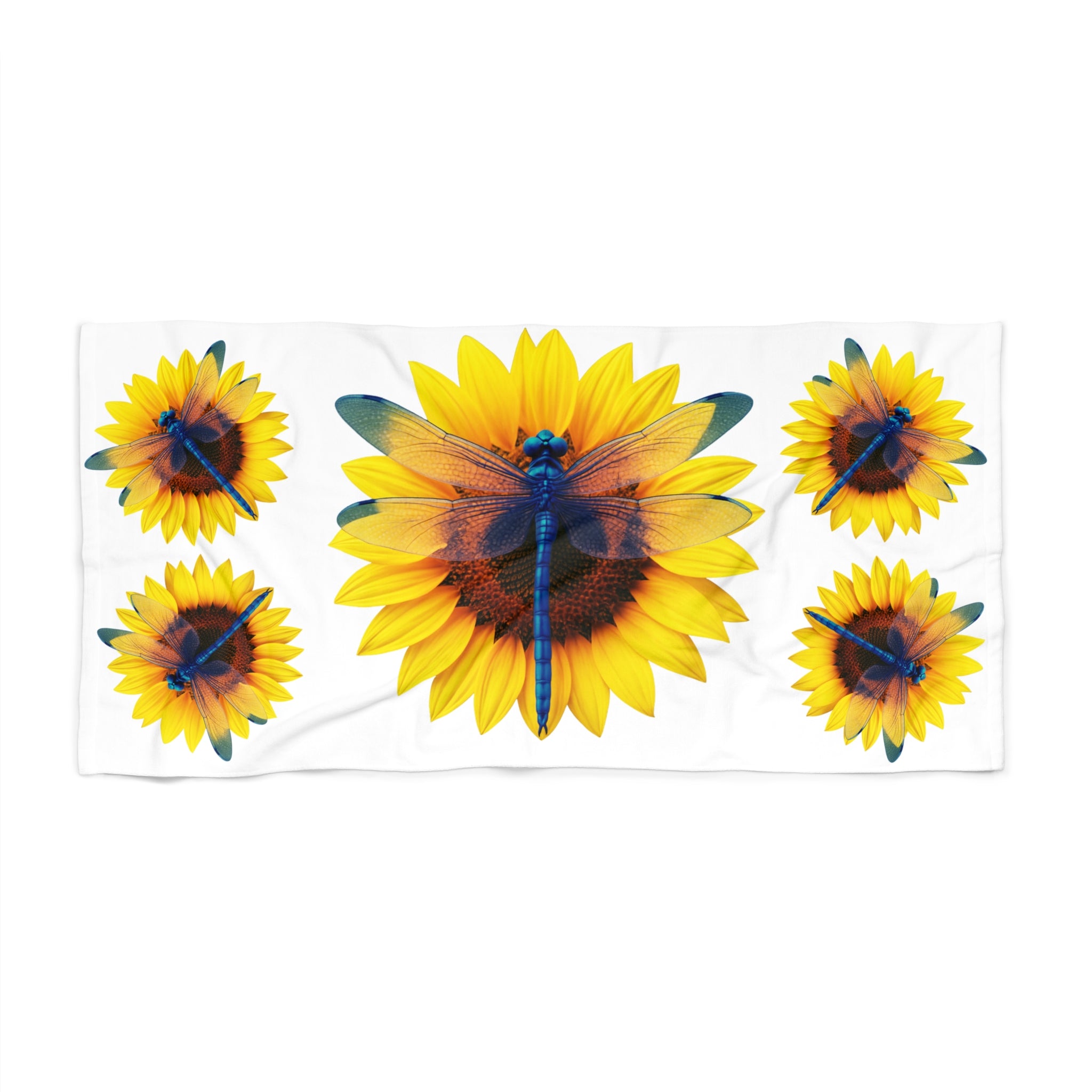 Sunflower & Dragonfly Beach Towel — Bright Tropical Summer Pool Towel