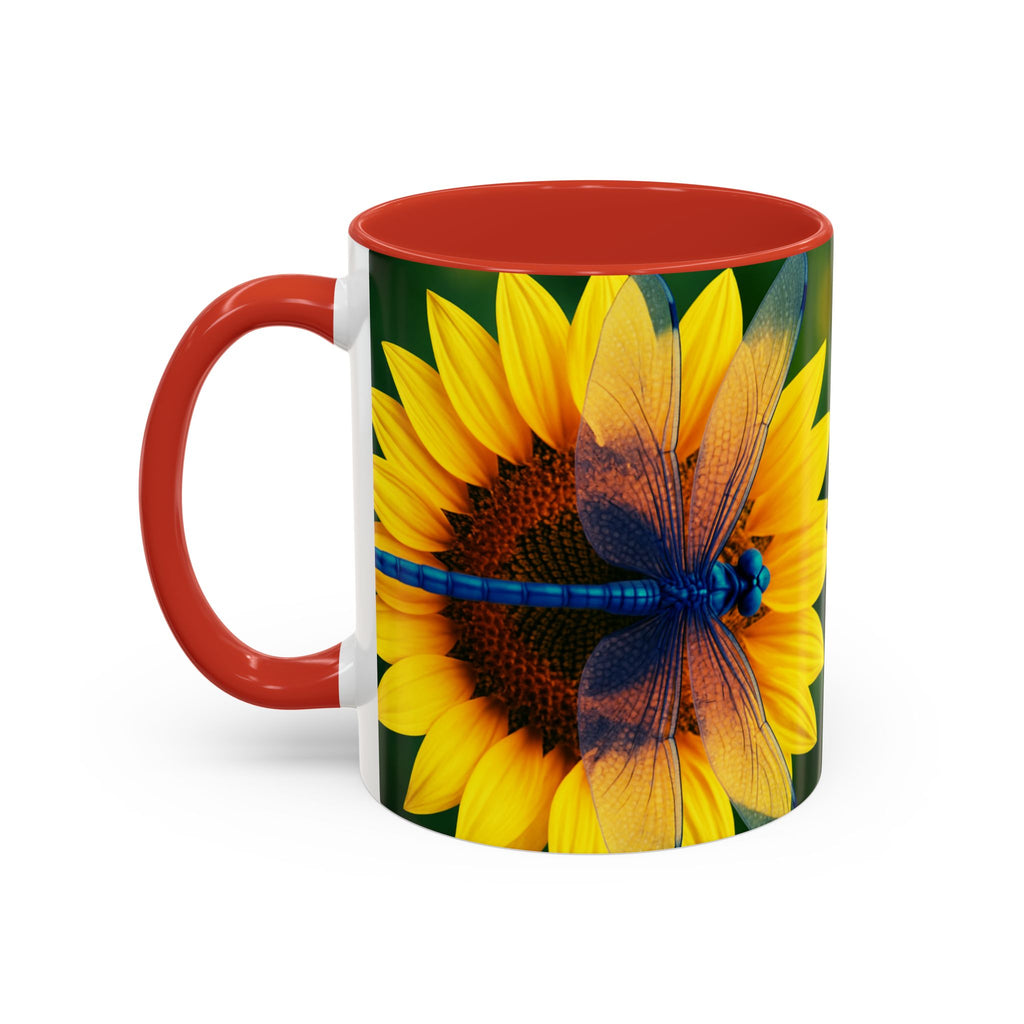 Sunflower & Dragonfly Accent Coffee Mug — Bright Floral Tea Cup (11/15oz)