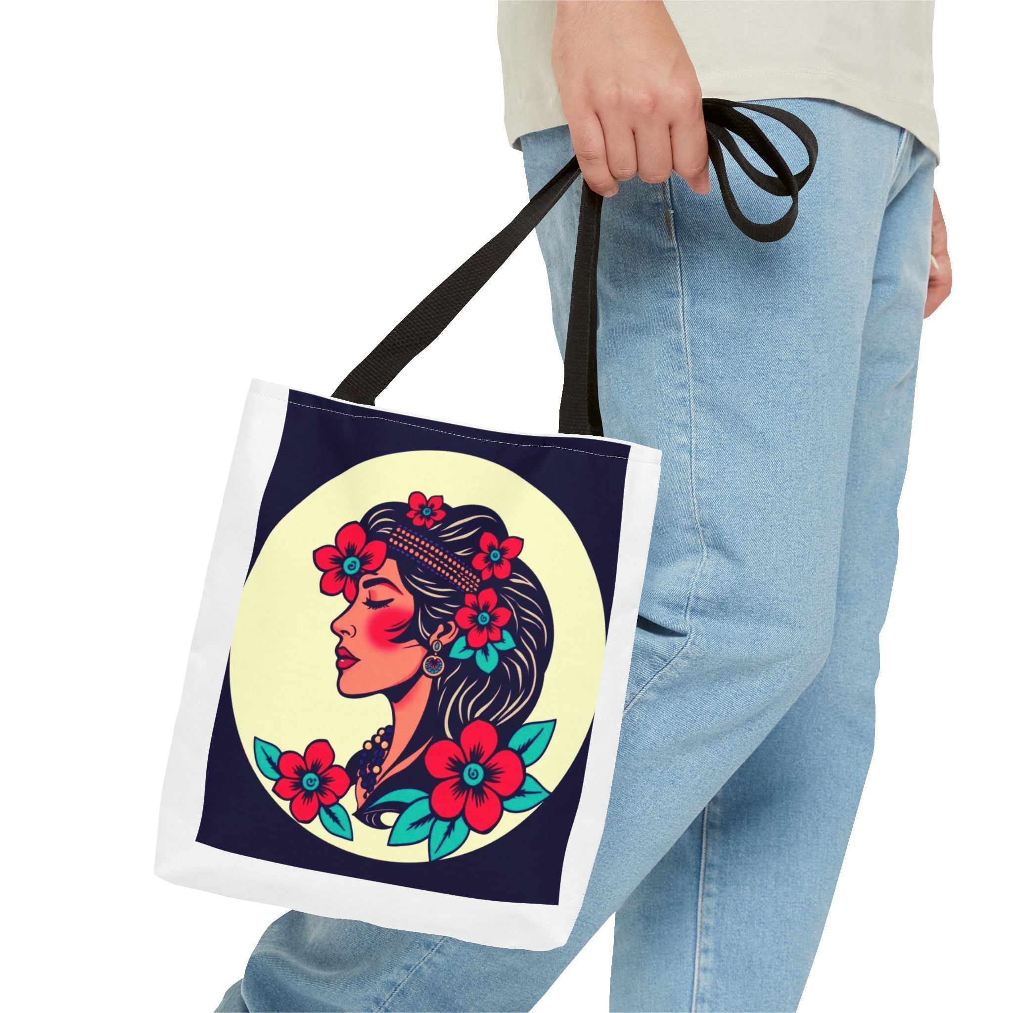 Floral Boho Woman Tote Bag — Retro Floral Portrait All-Over Print Tote