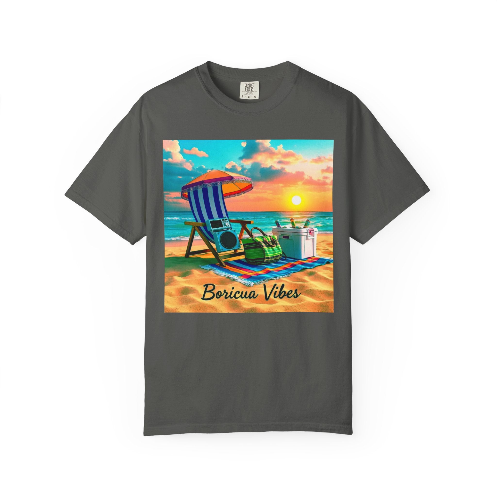 Boricua Vibes Beach T-Shirt — Puerto Rico Sunset Chair Graphic Tee