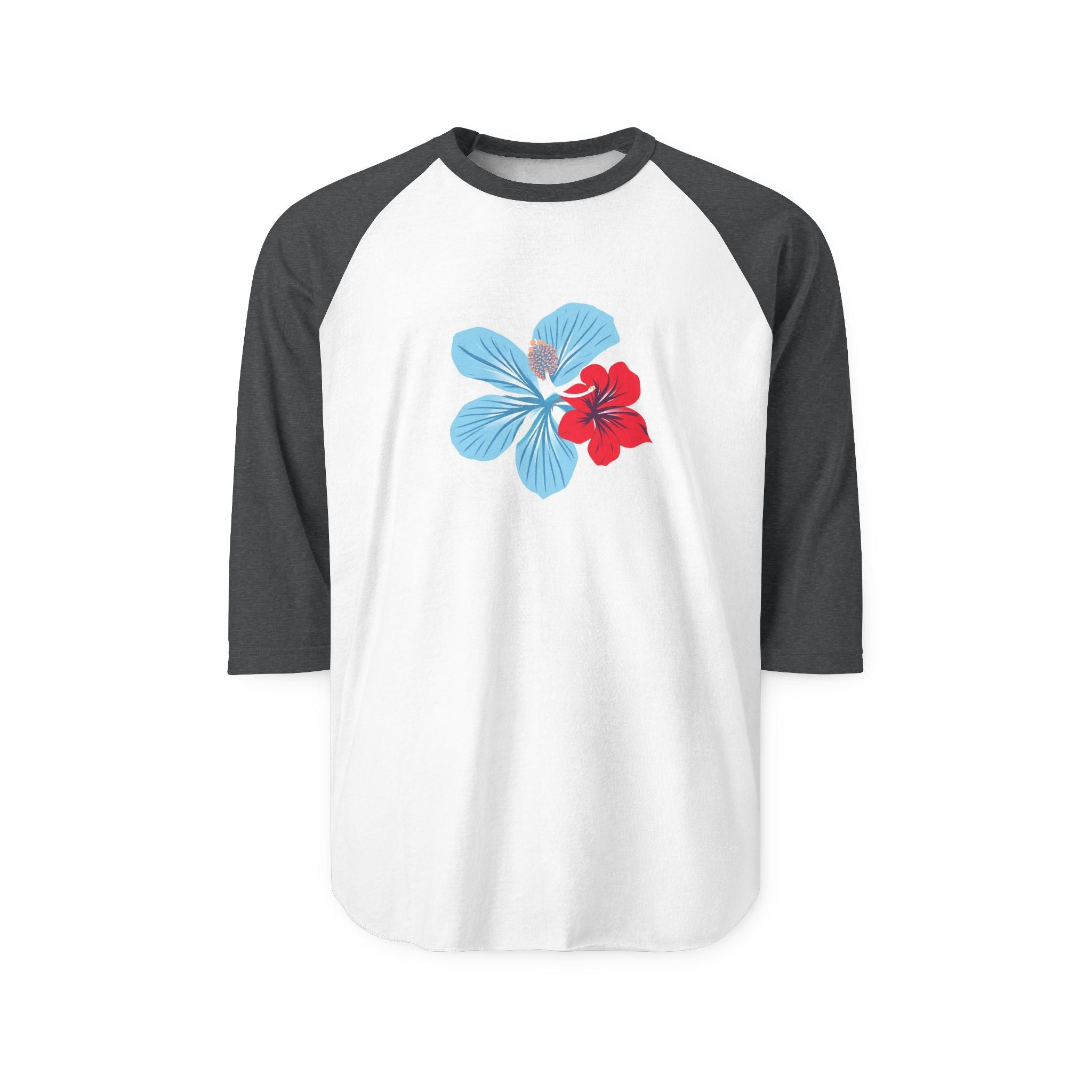 Hibiscus Floral Raglan Shirt — "Azure" Blue & Red Flower Baseball Tee