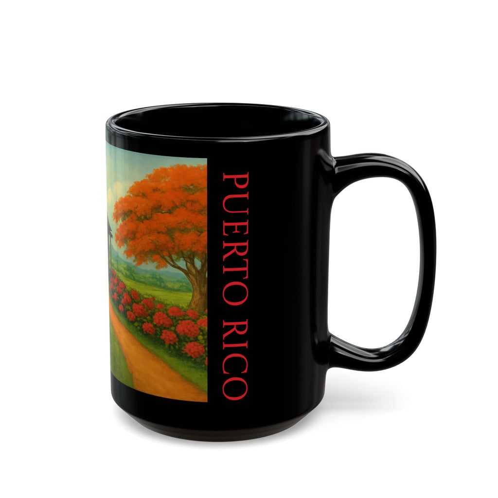 Puerto Rico Scenic Cabin Black Mug – Rustic Island Landscape Coffee Cup (11oz, 15oz)