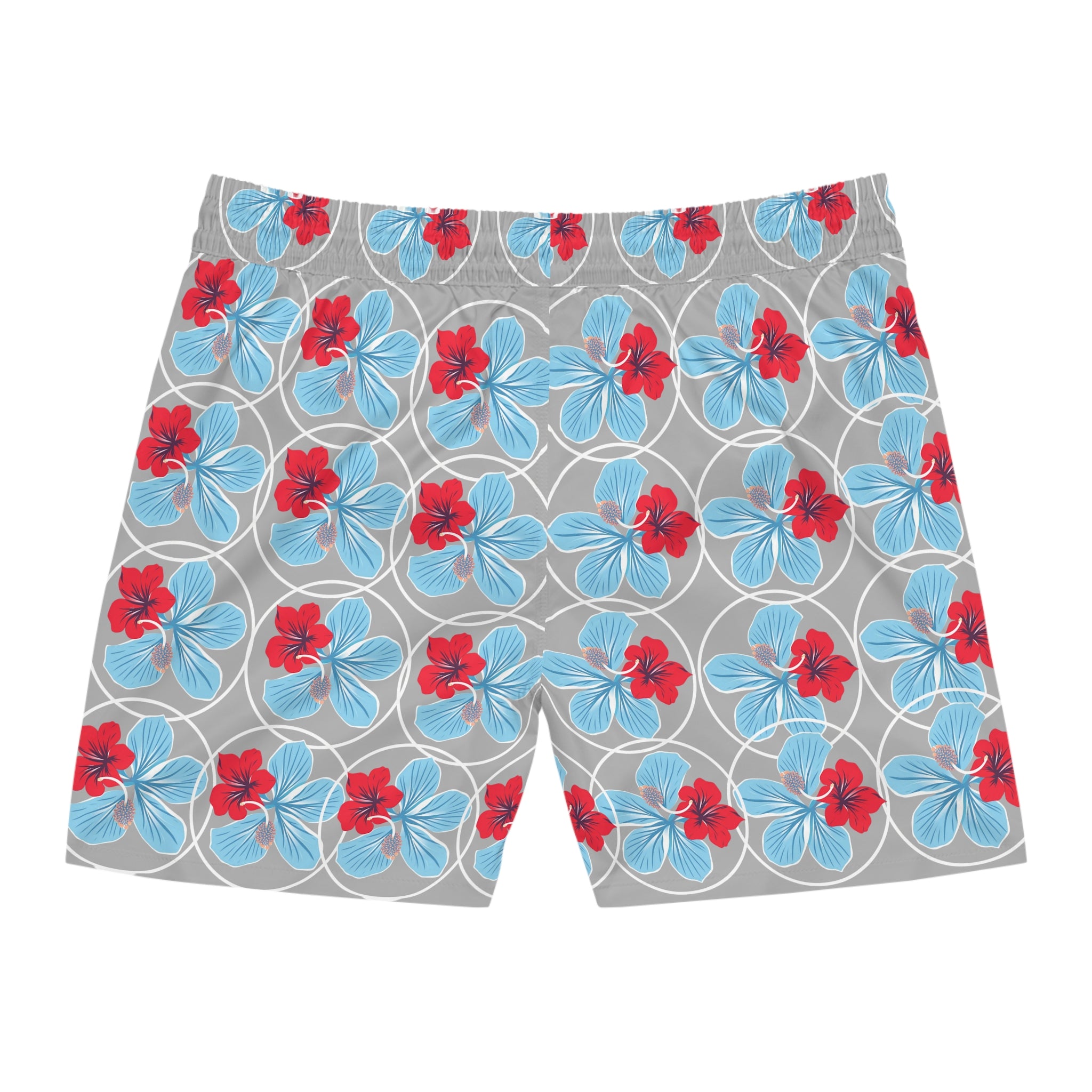 White / Azure Blue Tropical Hibiscus Swim Shorts — Men's Mid-Length Beach Trunks